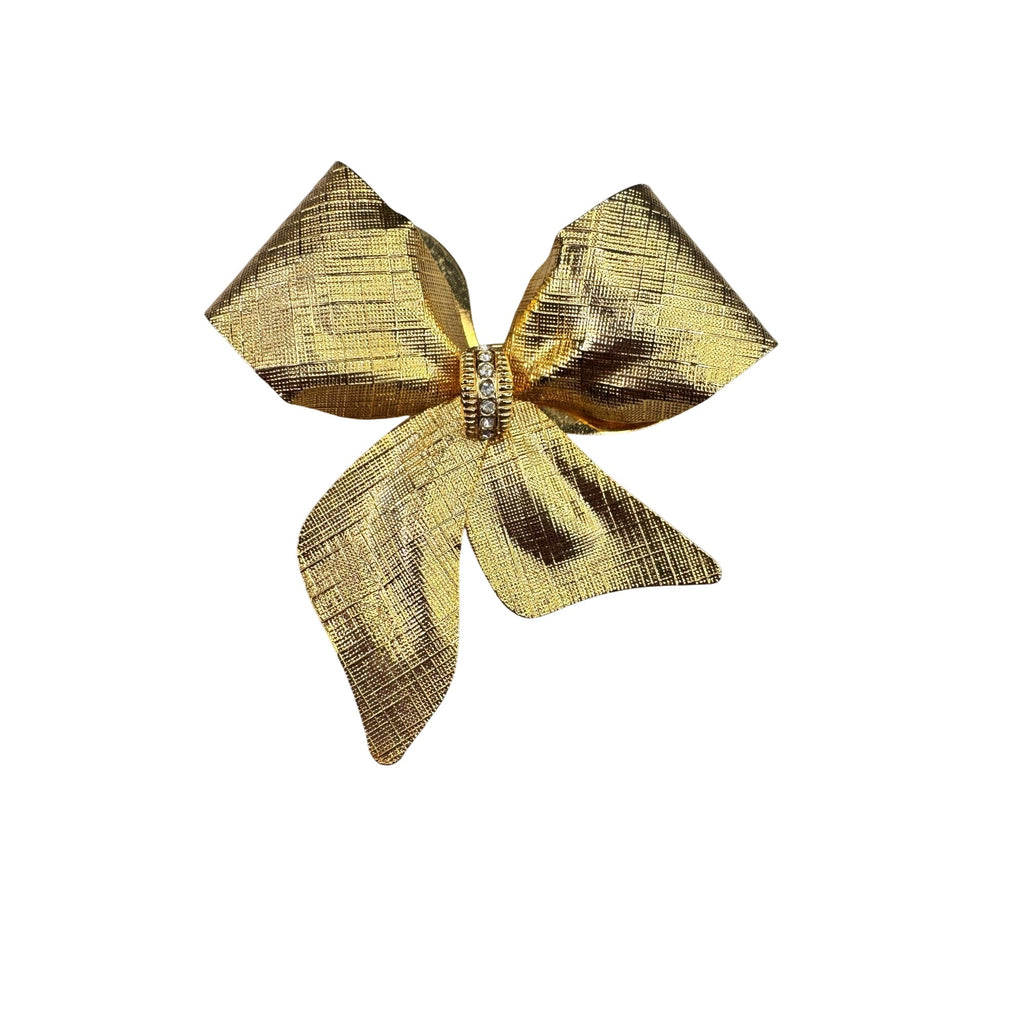 Unsigned Bow Brooch Gold Tone Textured Ribbon Clear Crystals 1980s Vintage