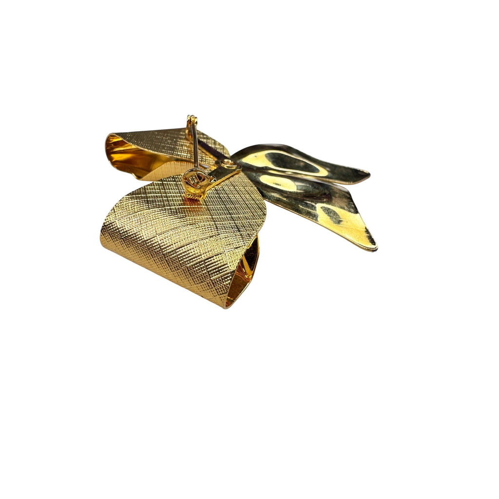 Unsigned Bow Brooch Gold Tone Textured Ribbon Clear Crystals 1980s Vintage