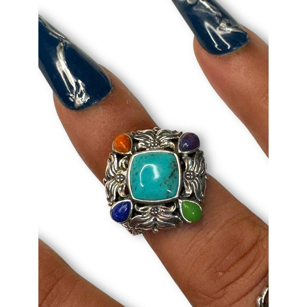Sterling Silver Multi-Stone Ring Turquoise Lapis Purple Spiny Oyster