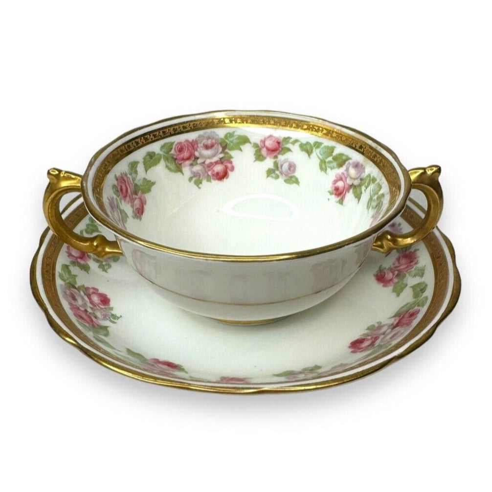 Tiffany & Co Adderleys England Bone China Bullion Cup Saucer Roses Gold Trim