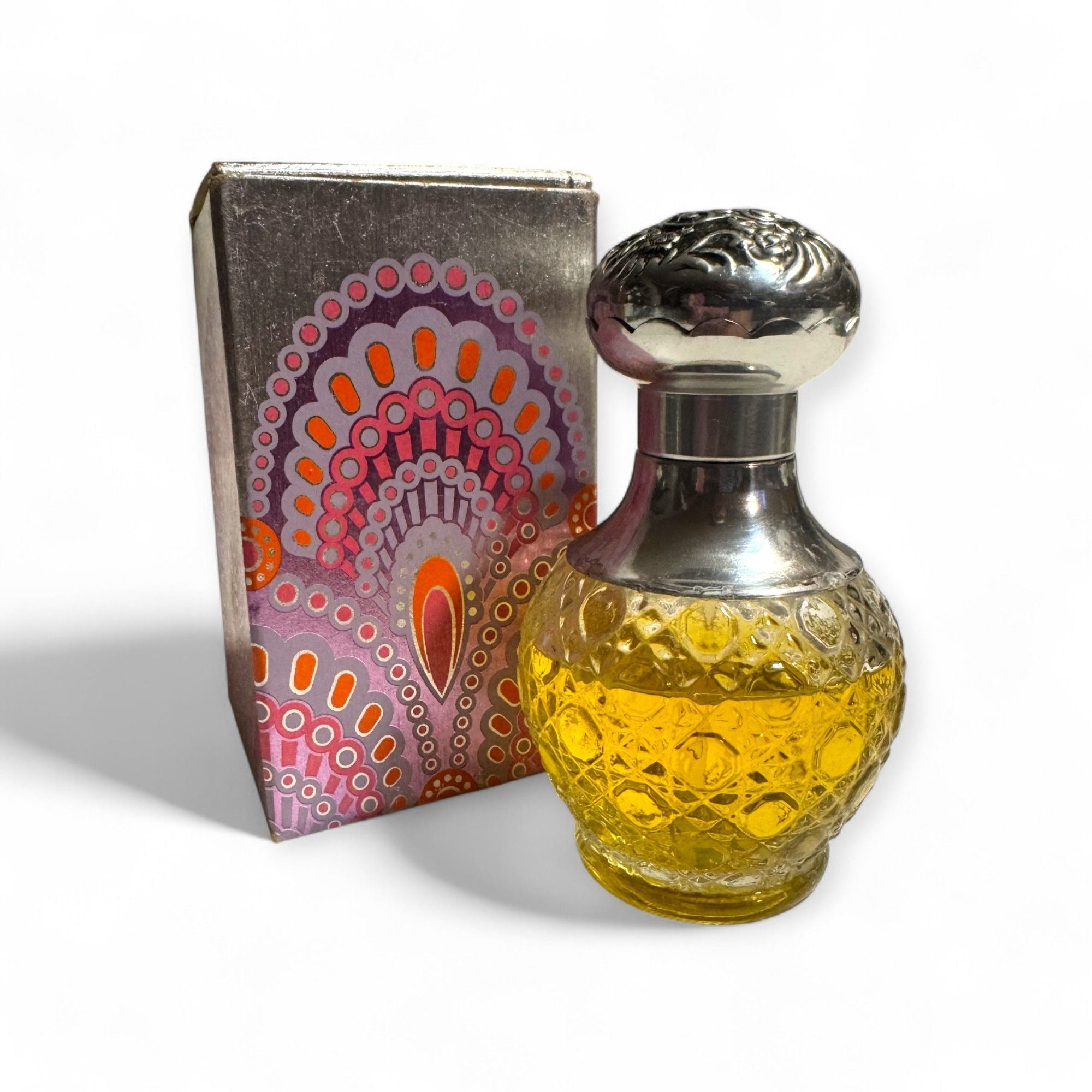 Avon Brocade Cologne Mist 2 Oz Silver Ornate Glass Bottle Original Box 80% Full