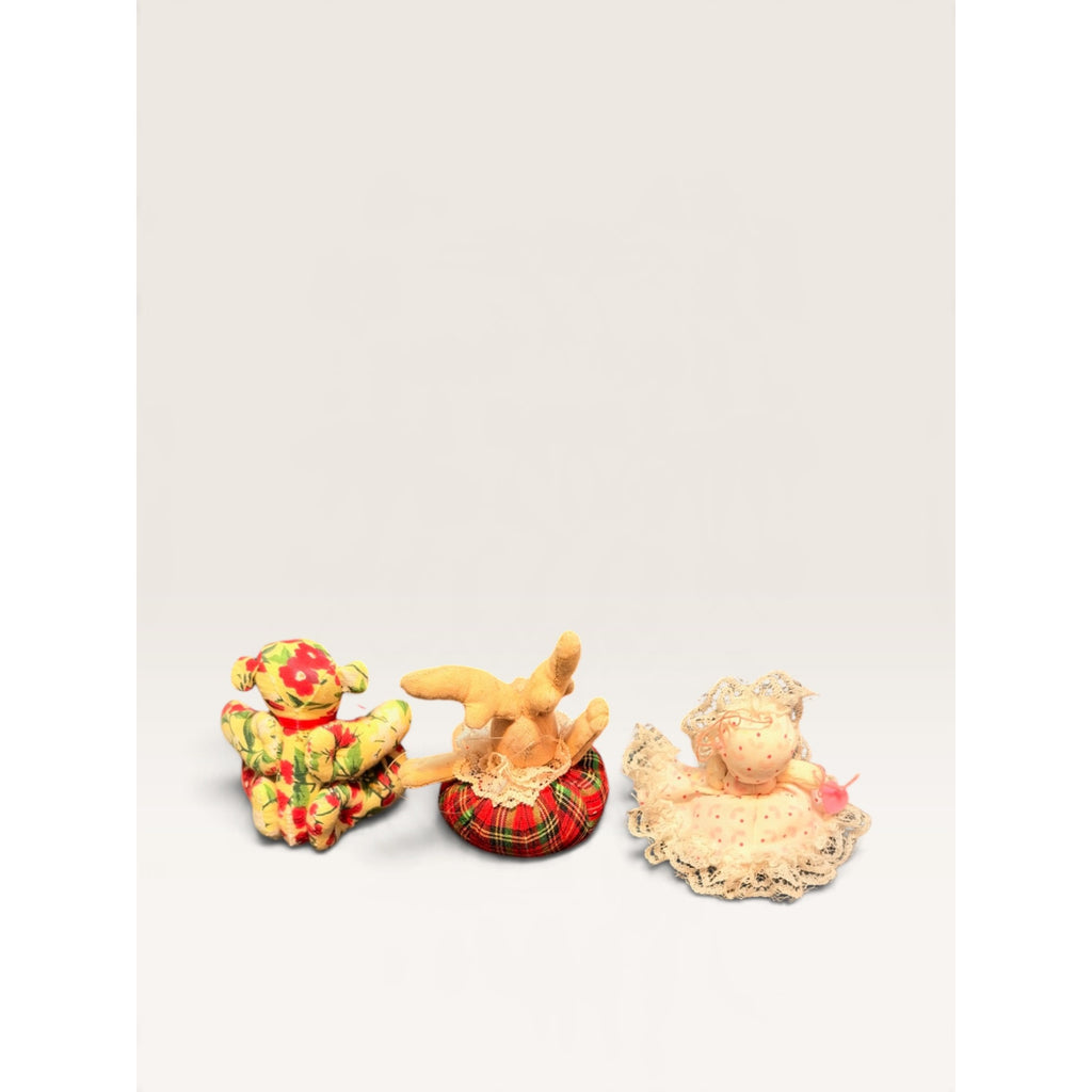 Fabric Plush Christmas Ornaments Teddy Bear Reindeer Set of 3 Vintage
