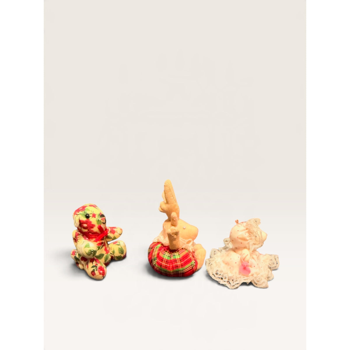 Fabric Plush Christmas Ornaments Teddy Bear Reindeer Set of 3 Vintage