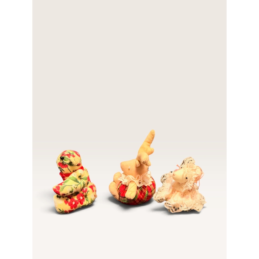 Fabric Plush Christmas Ornaments Teddy Bear Reindeer Set of 3 Vintage