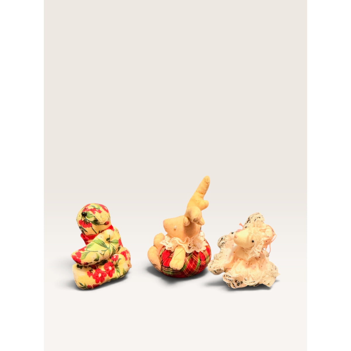 Fabric Plush Christmas Ornaments Teddy Bear Reindeer Set of 3 Vintage