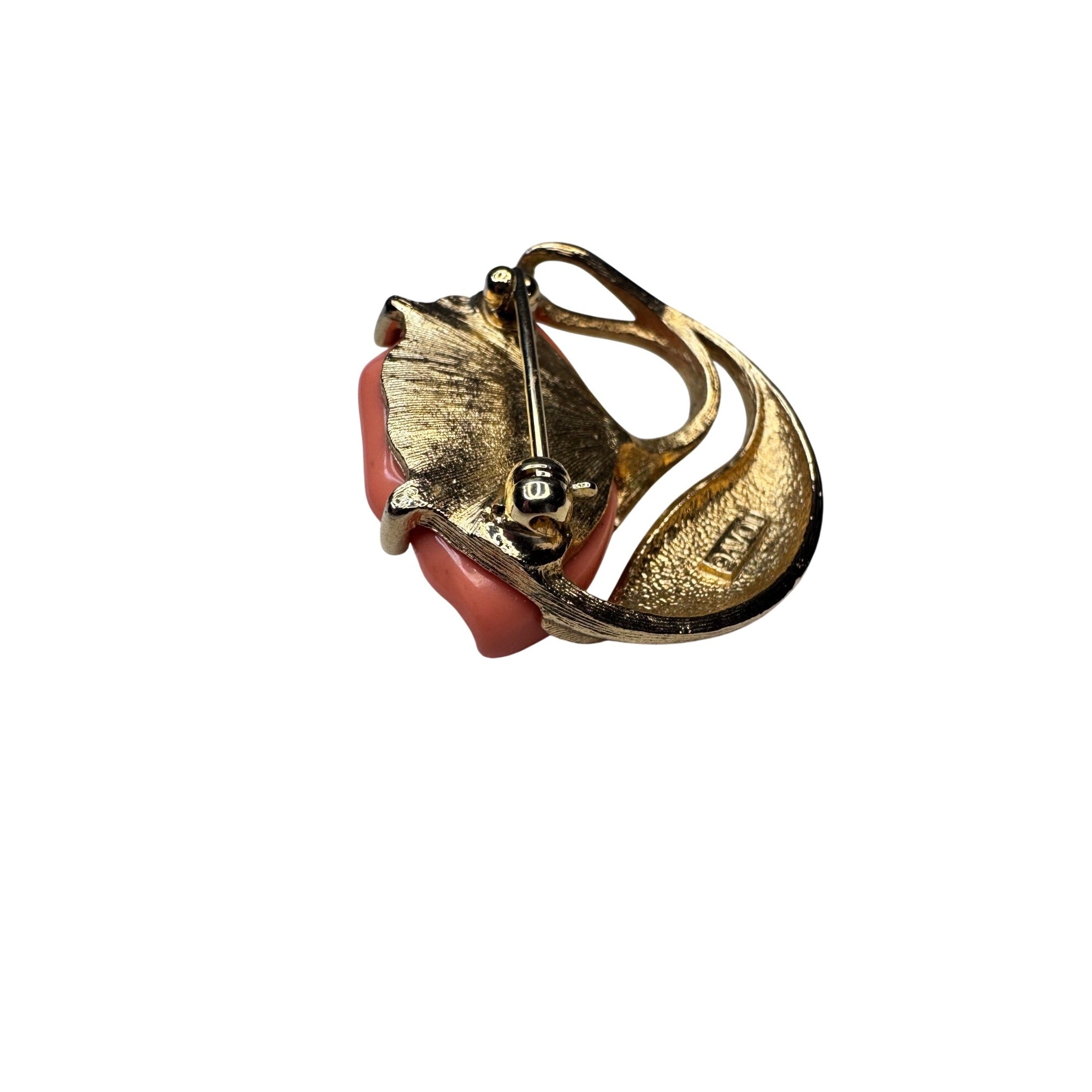 Avon Coral Rose Gold Tone Brooch Sculpted Flower Leaf Vintage