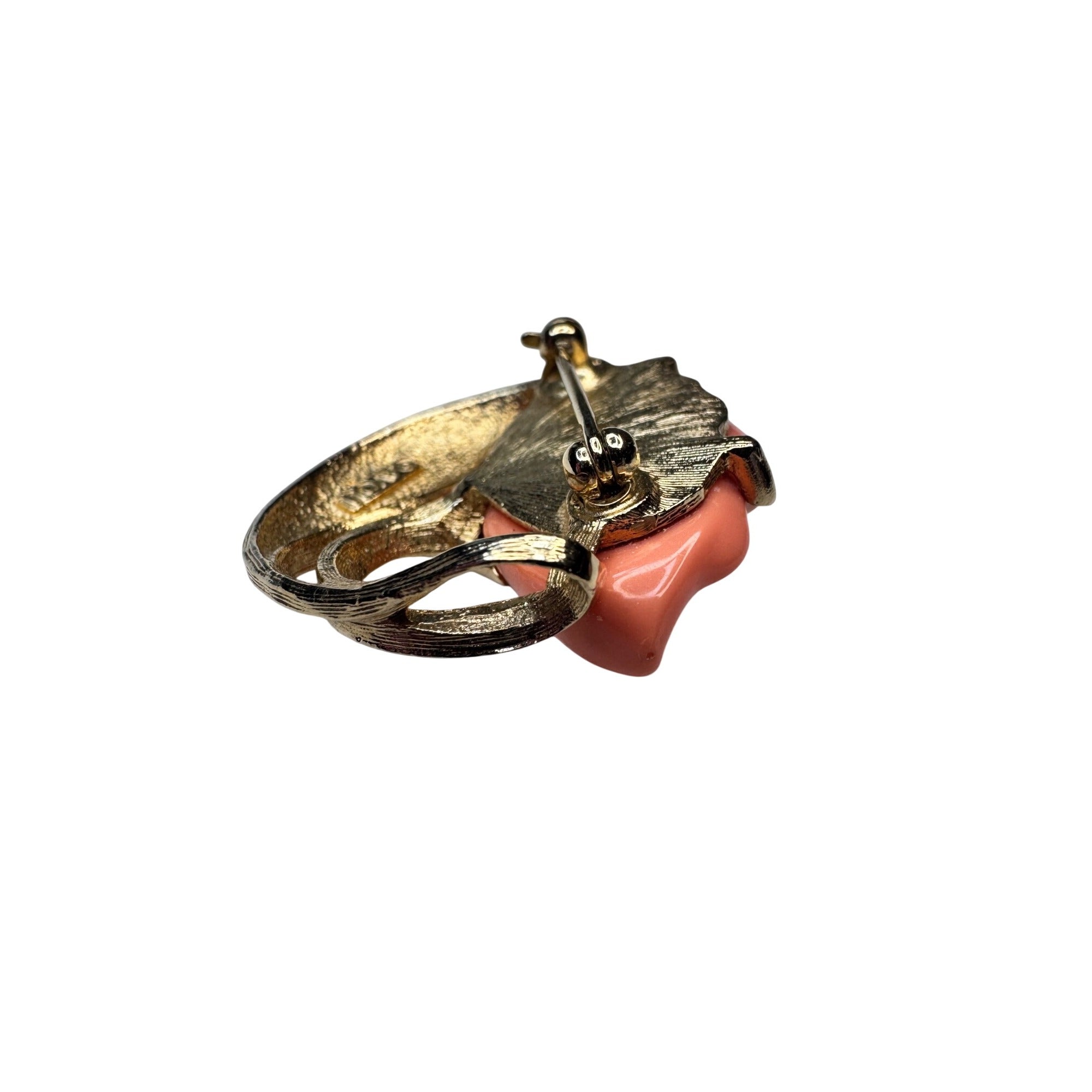 Avon Coral Rose Gold Tone Brooch Sculpted Flower Leaf Vintage
