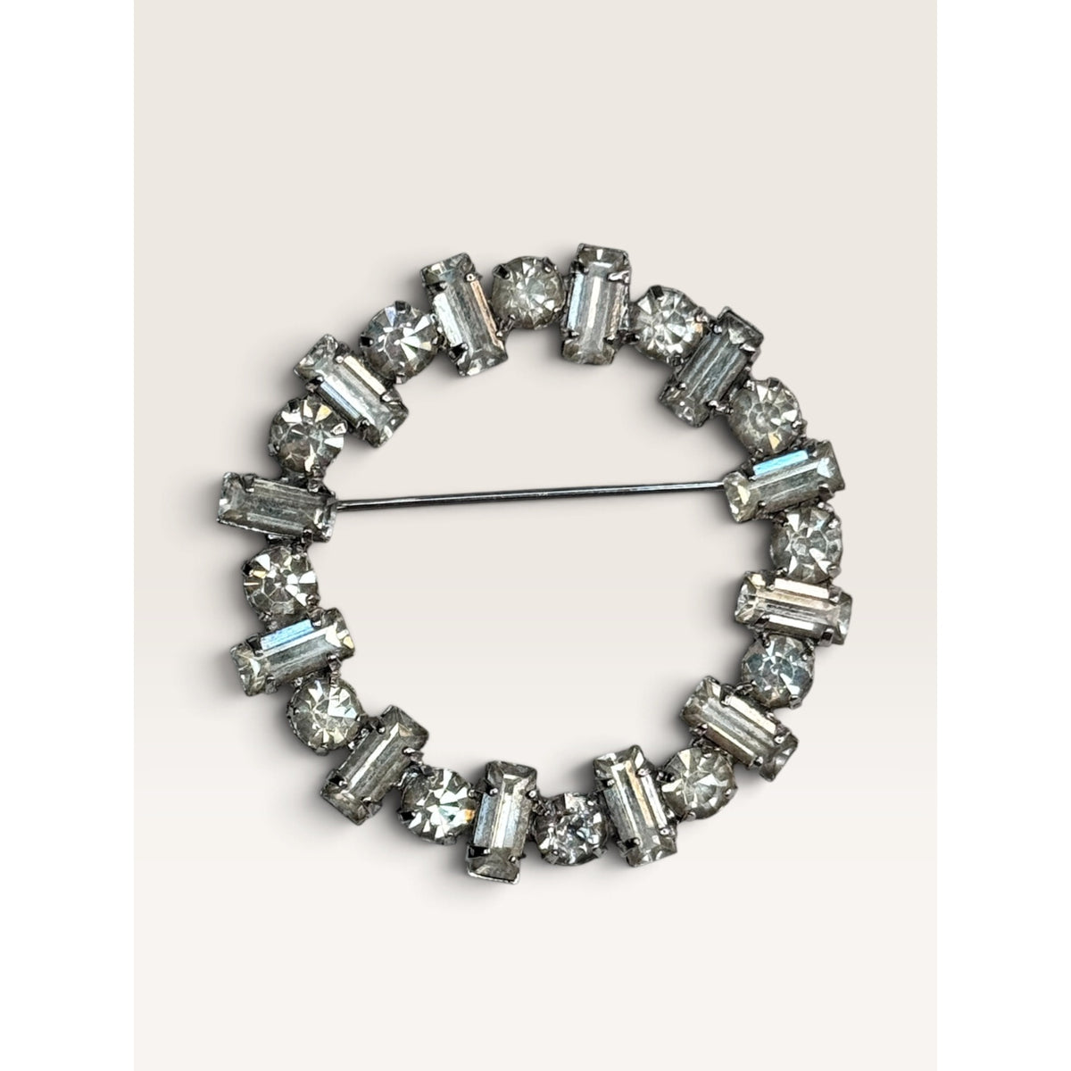 Marlana Clear Crystal Baguette Round Chaton Wreath Circle Brooch Vintage 1950s