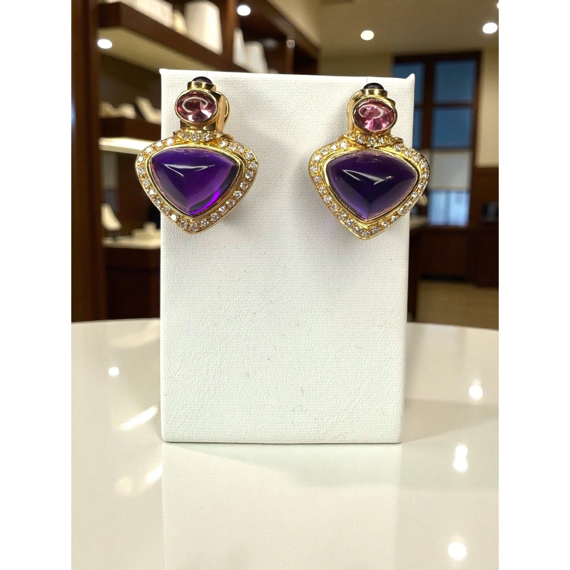 18K Yellow Gold Amethyst Diamond Rose Quartz Pierced Omega Back Earrings 80s 90s