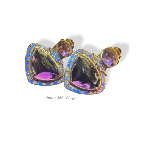 18K Yellow Gold Amethyst Diamond Rose Quartz Pierced Omega Back Earrings 80s 90s