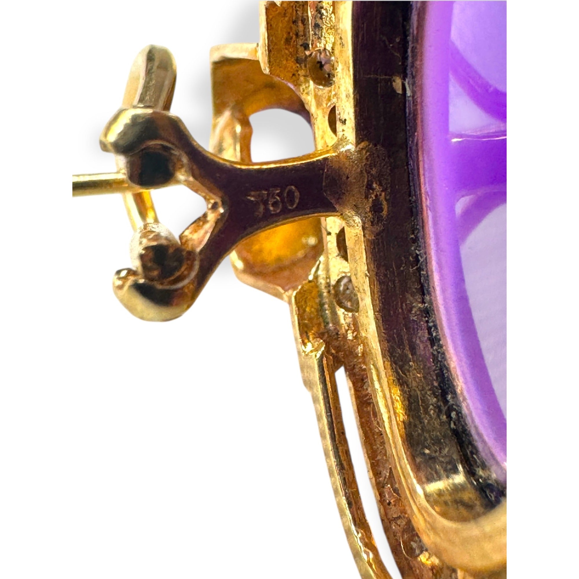 18K Yellow Gold Amethyst Diamond Rose Quartz Pierced Omega Back Earrings 80s 90s