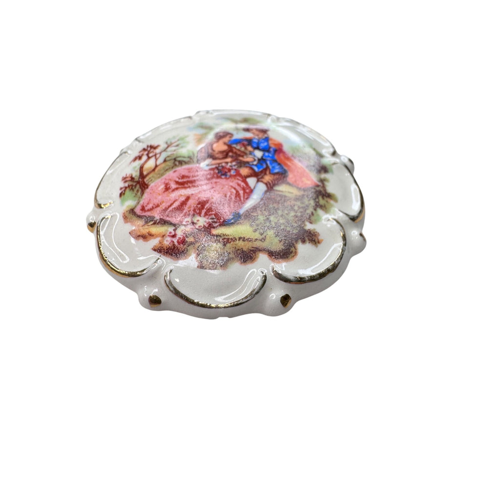 Unsigned Ceramic Brooch Courting Couple Transfer Gold Scrollwork 1950s Vintage