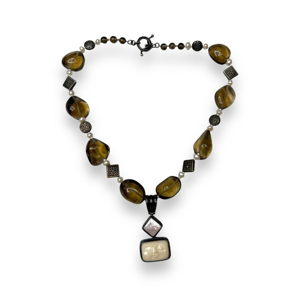 Smoky Quartz Pendant Necklace 17" With Sterling Silver Toggle Clasp & Mother Of Pearl Goddess Face