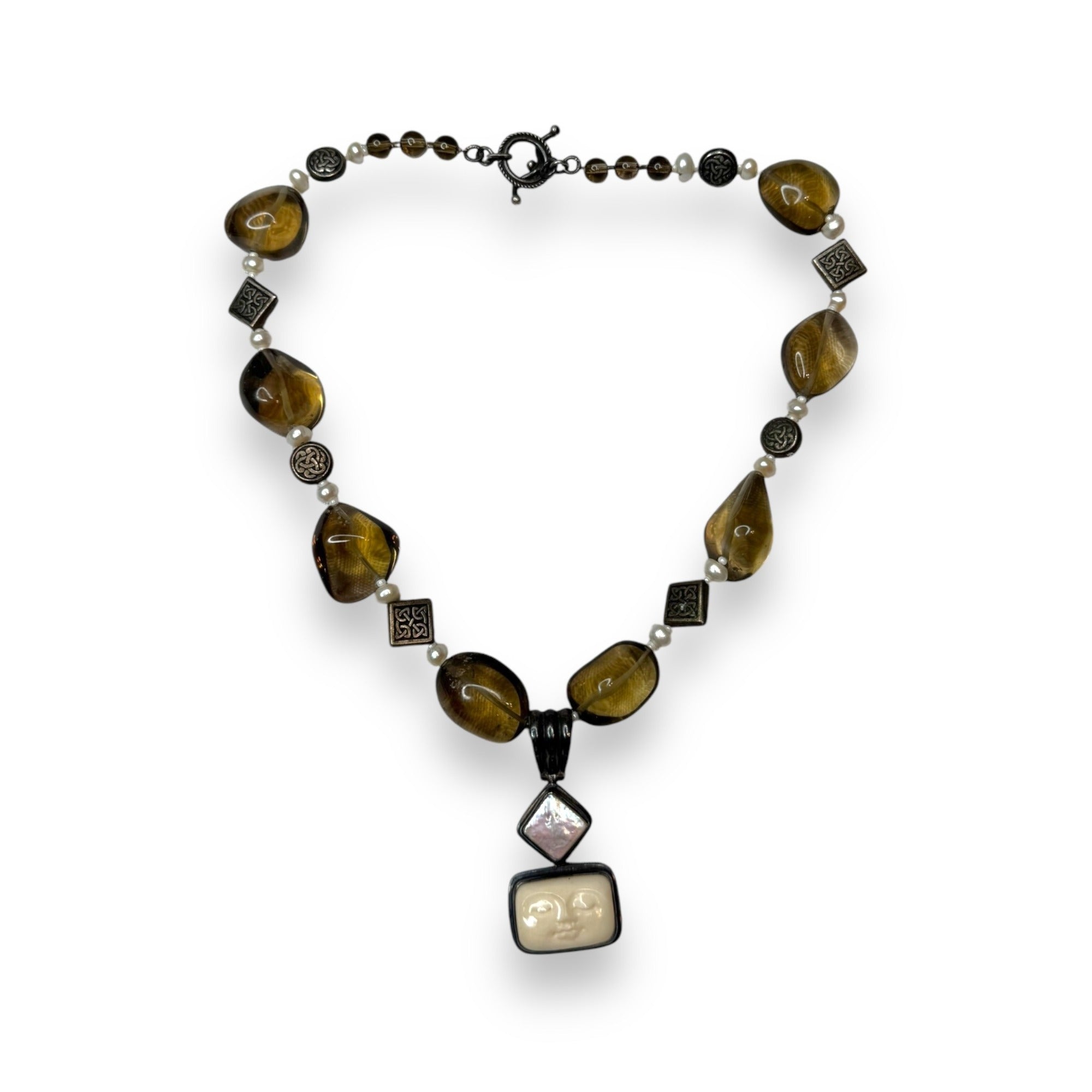 Smoky Quartz Pendant Necklace 17" With Sterling Silver Toggle Clasp & Mother Of Pearl Goddess Face