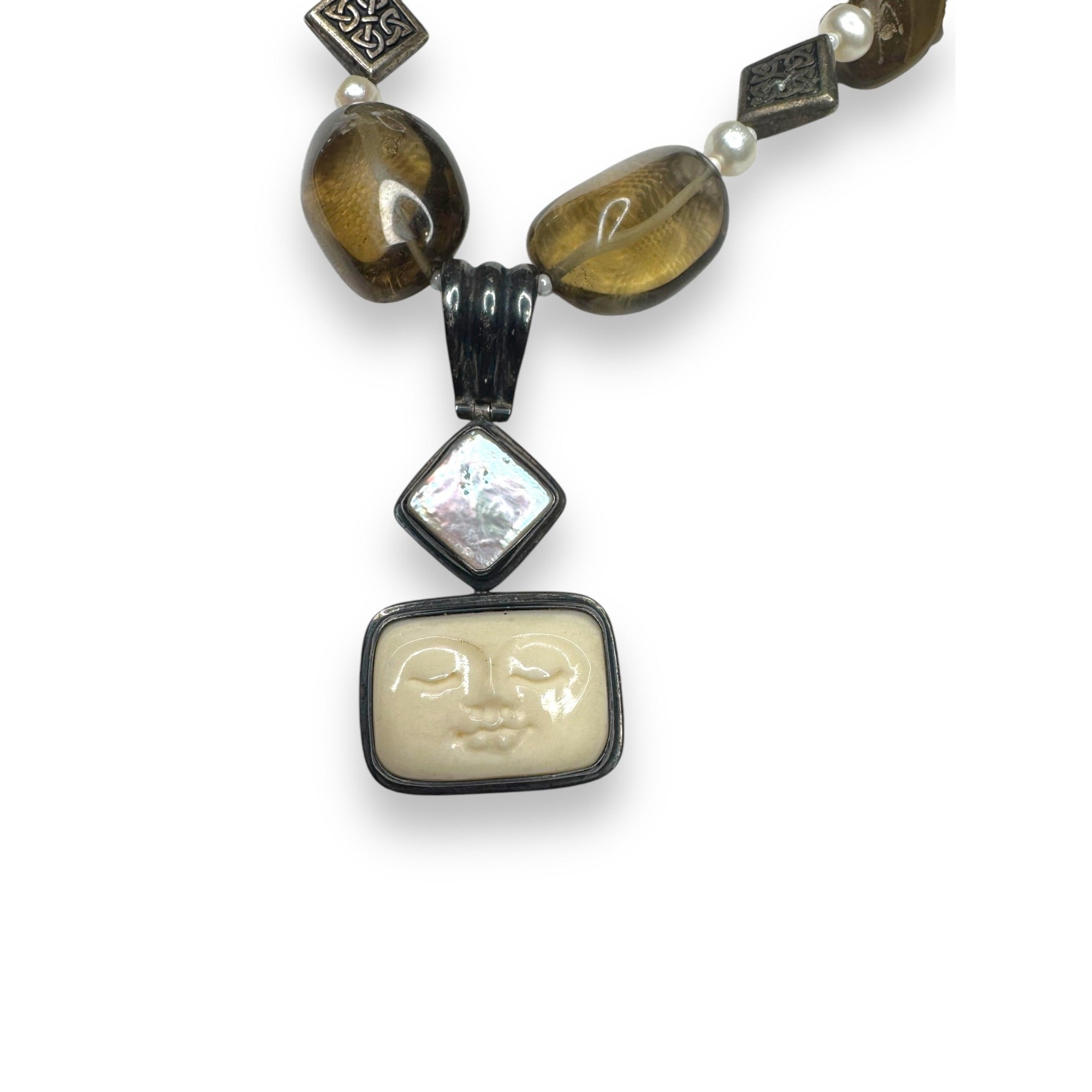 Smoky Quartz Pendant Necklace 17" With Sterling Silver Toggle Clasp & Mother Of Pearl Goddess Face