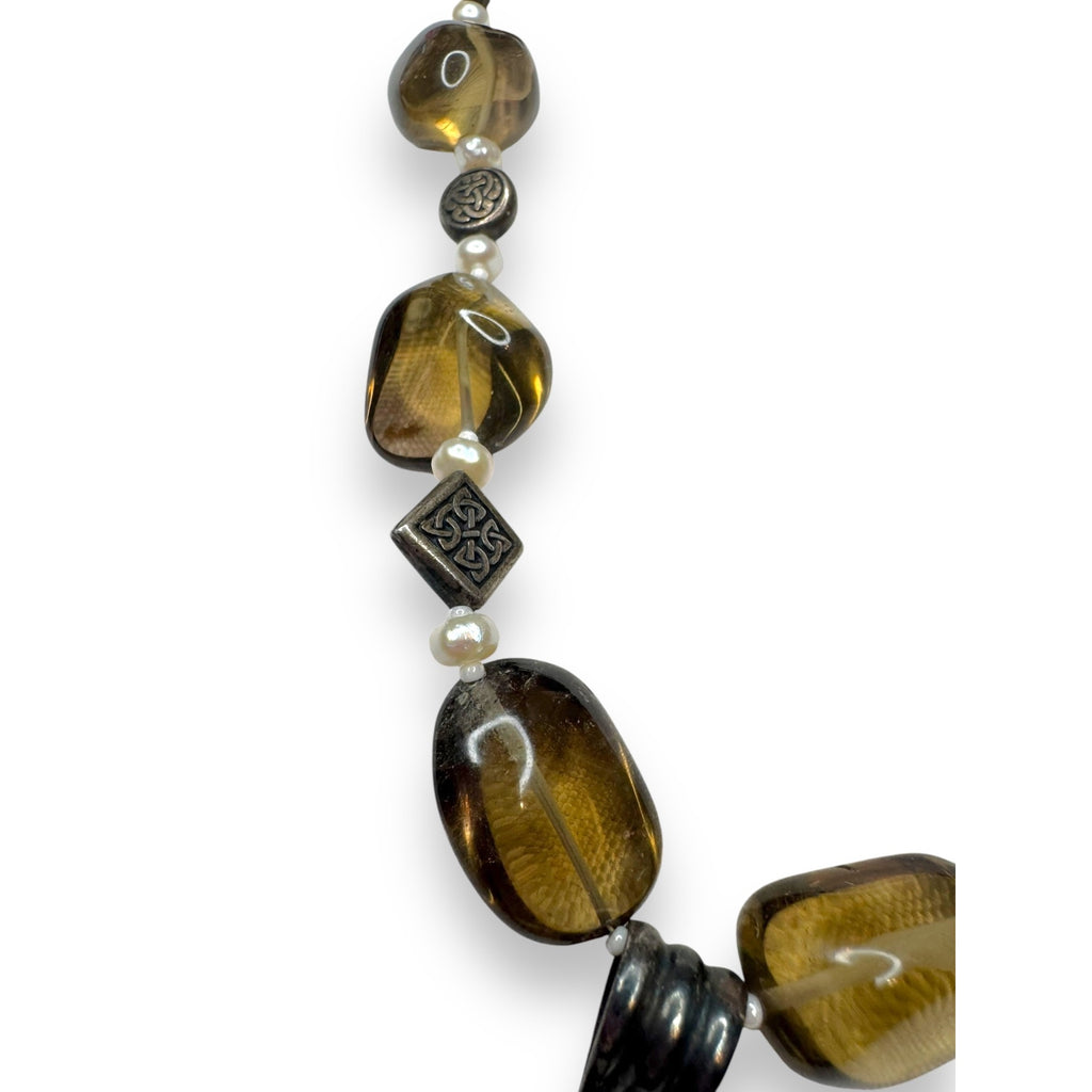Smoky Quartz Pendant Necklace 17" With Sterling Silver Toggle Clasp & Mother Of Pearl Goddess Face