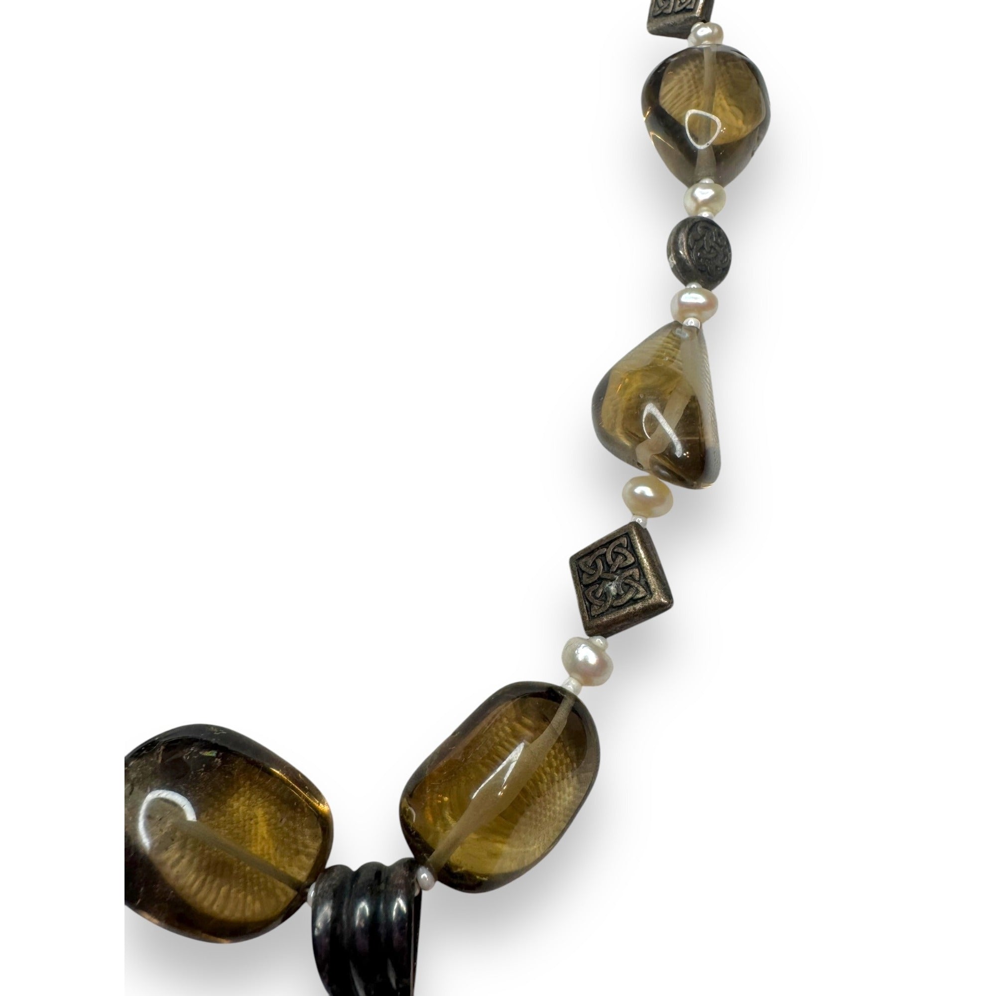 Smoky Quartz Pendant Necklace 17" With Sterling Silver Toggle Clasp & Mother Of Pearl Goddess Face