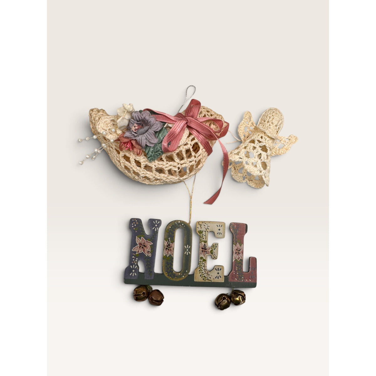 Crochet Angel Bird Noel Wooden Sign Hanging Ornaments Lot of 3 Vintage 1990s