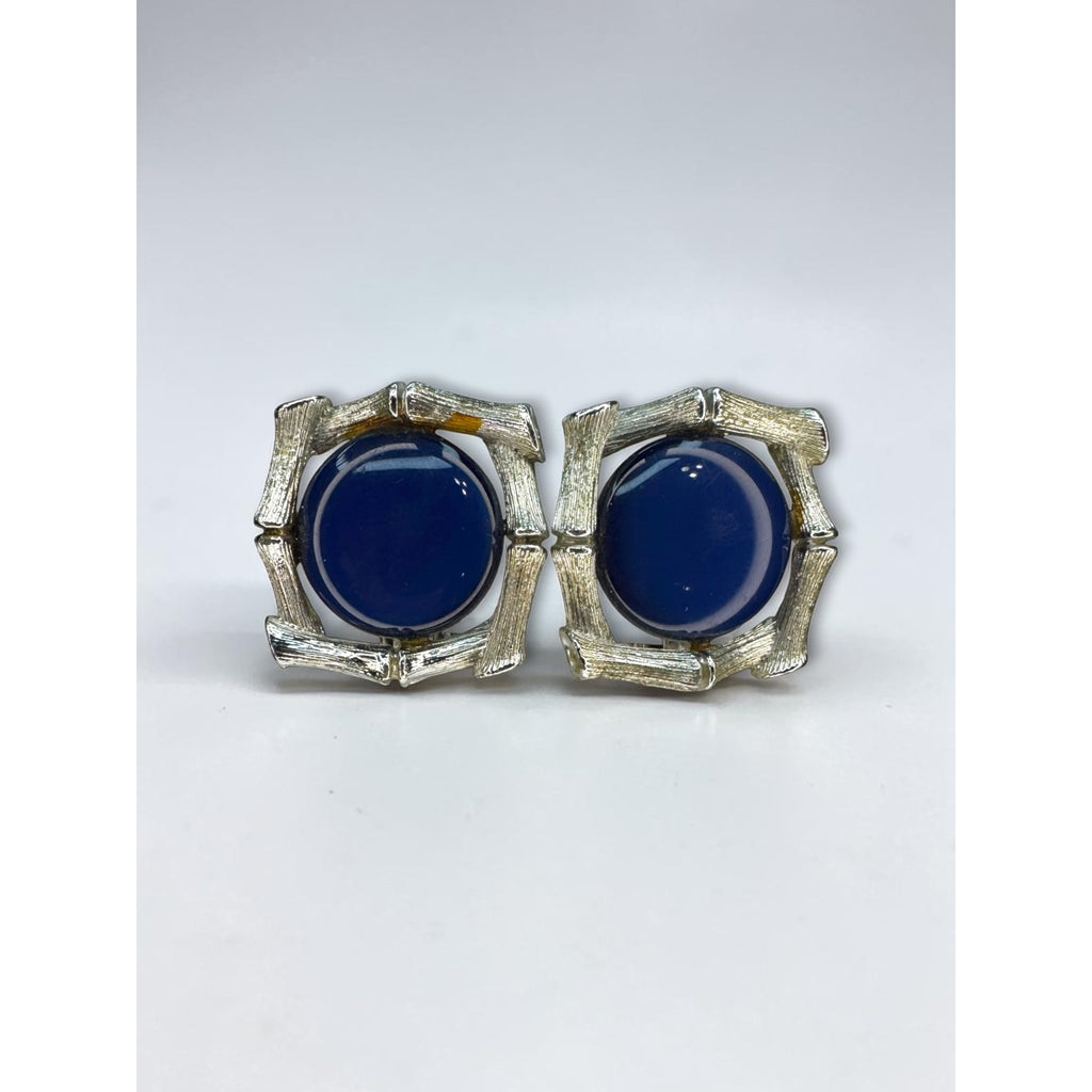 Lisner Blue Moonglow Lucite Cabochon Clip On Earrings Silver Tone Vintage