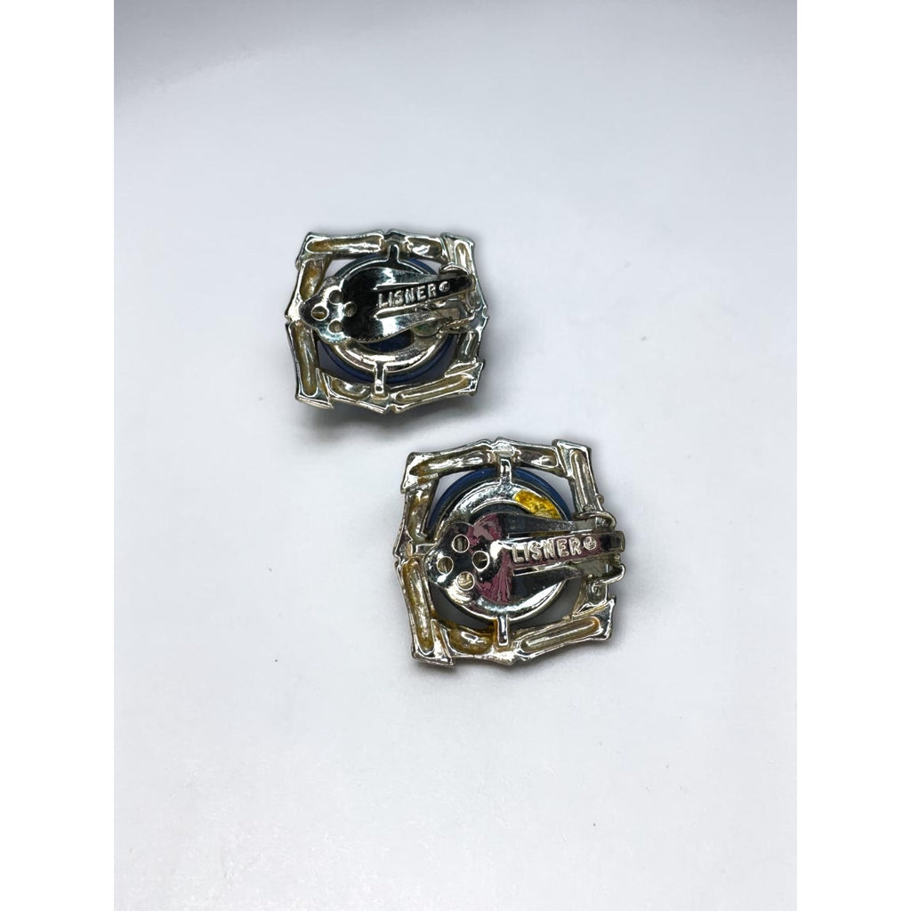Lisner Blue Moonglow Lucite Cabochon Clip On Earrings Silver Tone Vintage