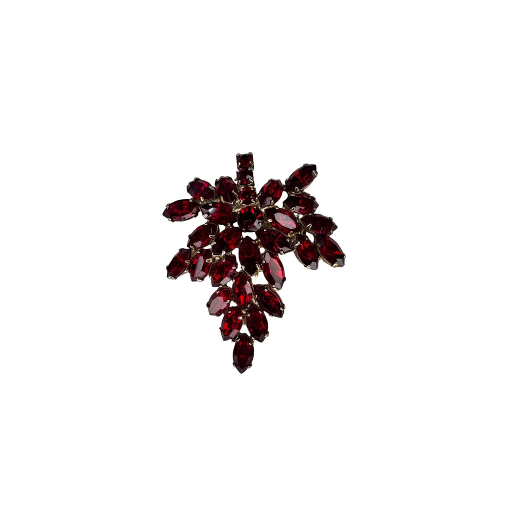 Red Cut Crystal  Cluster Brooch Gold Tone Prong Set 1960s Vintage