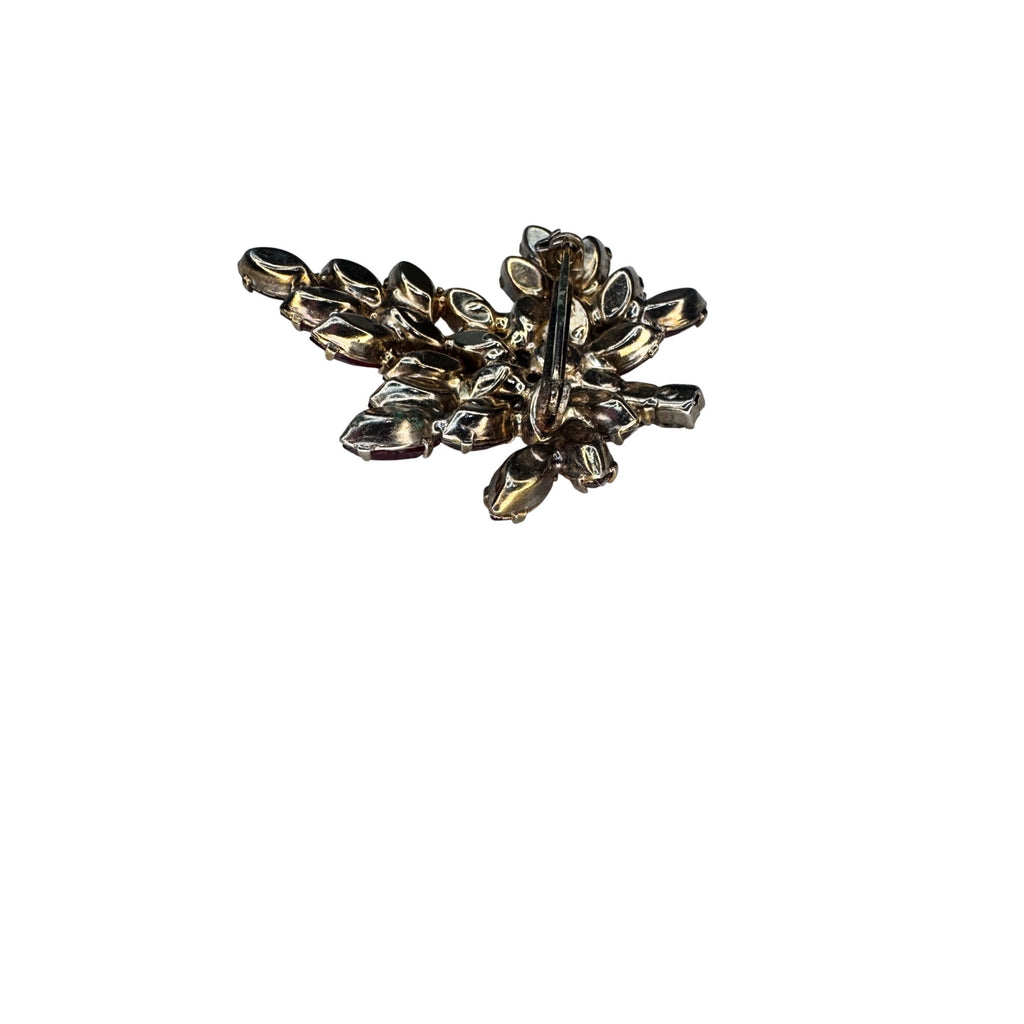 Red Cut Crystal  Cluster Brooch Gold Tone Prong Set 1960s Vintage
