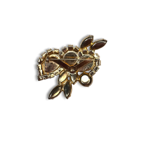 Black Glass Rhinestone Brooch Gold Tone Floral Cluster Mid Century