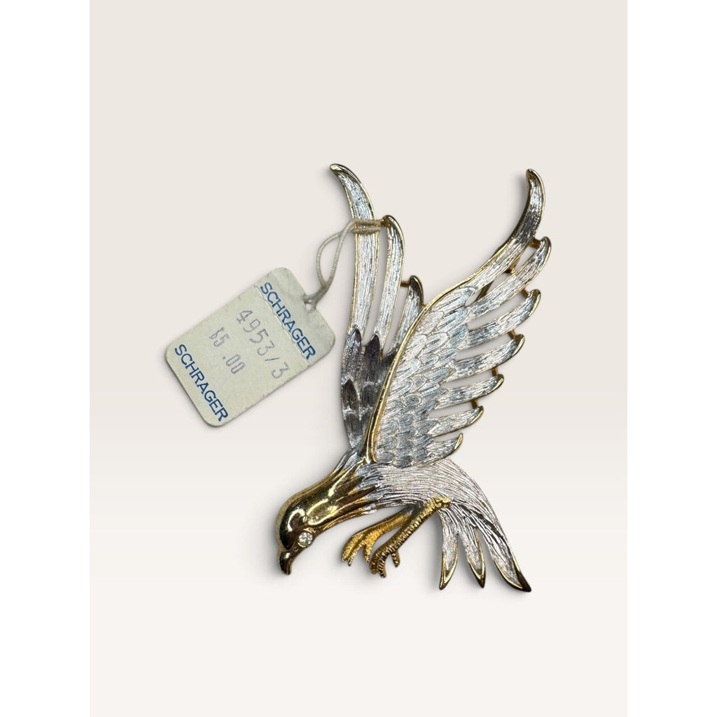 Schrager Vintage 1960s Gold Tone Soaring Eagle Rhinestone Brooch With Tag 2.45"