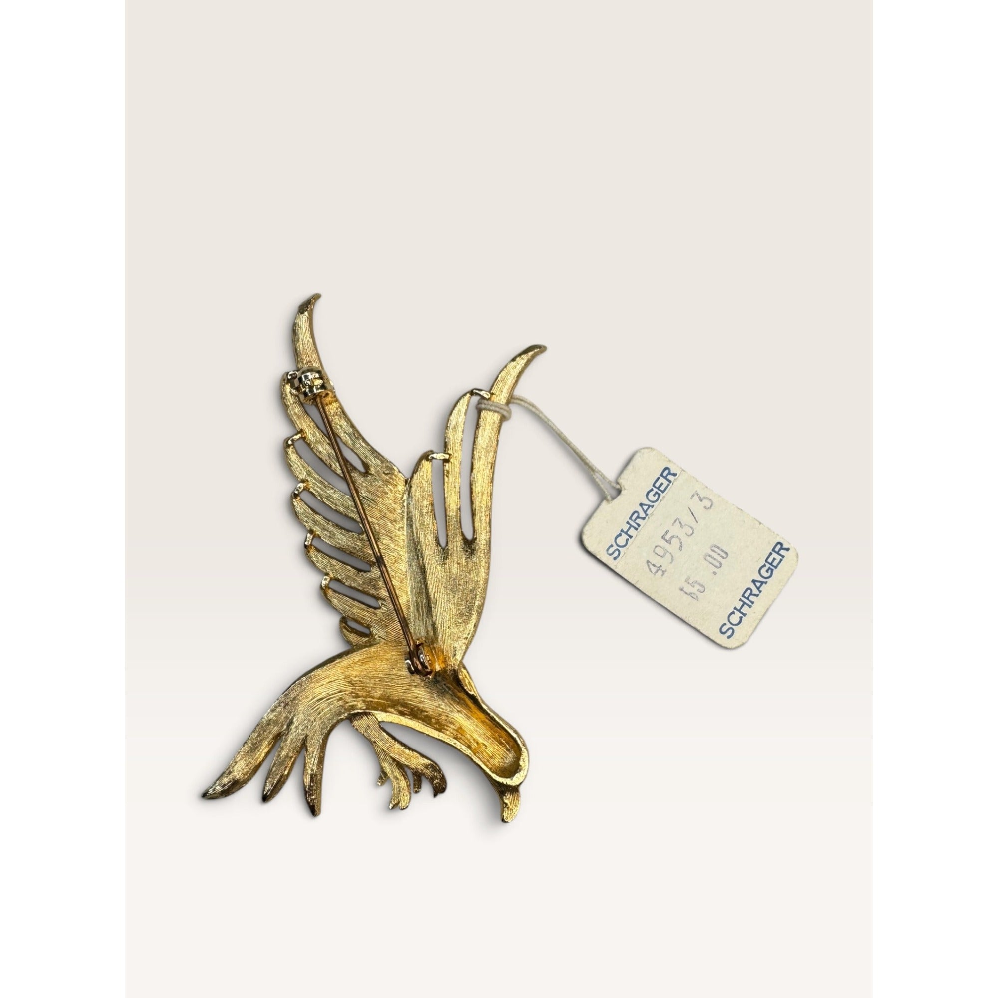 Schrager Vintage 1960s Gold Tone Soaring Eagle Rhinestone Brooch With Tag 2.45"
