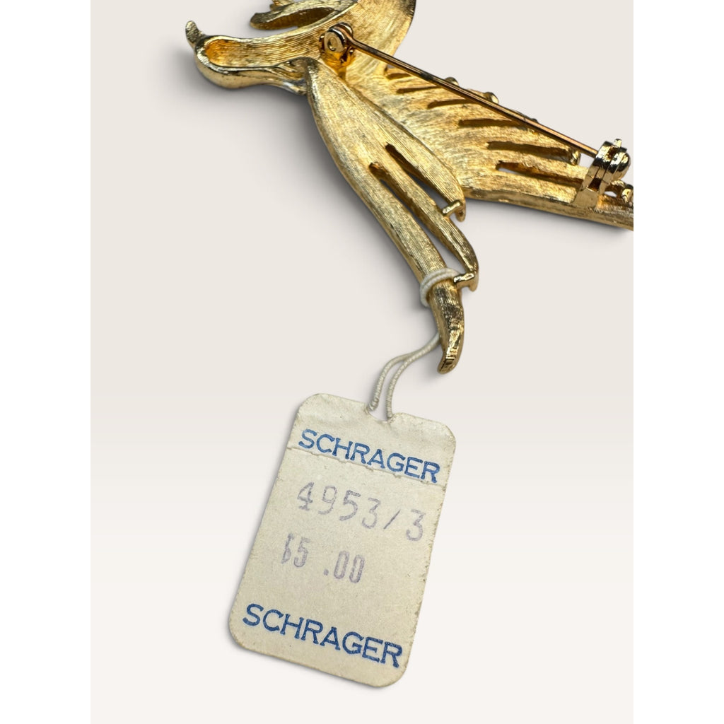 Schrager Vintage 1960s Gold Tone Soaring Eagle Rhinestone Brooch With Tag 2.45"