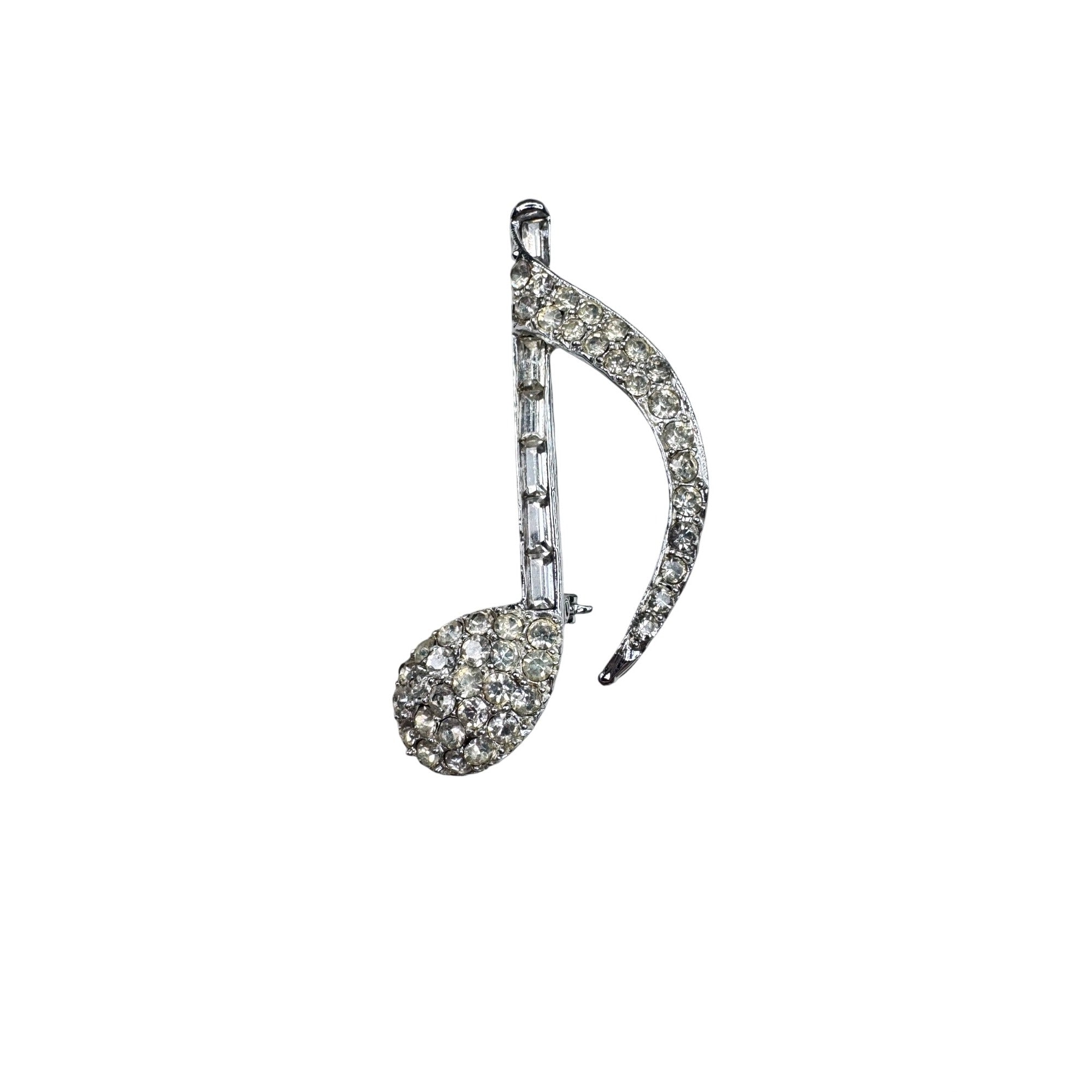 Unsigned Crystal Musical Note Brooch Silver Tone Rhinestone Treble 1950s Vintage