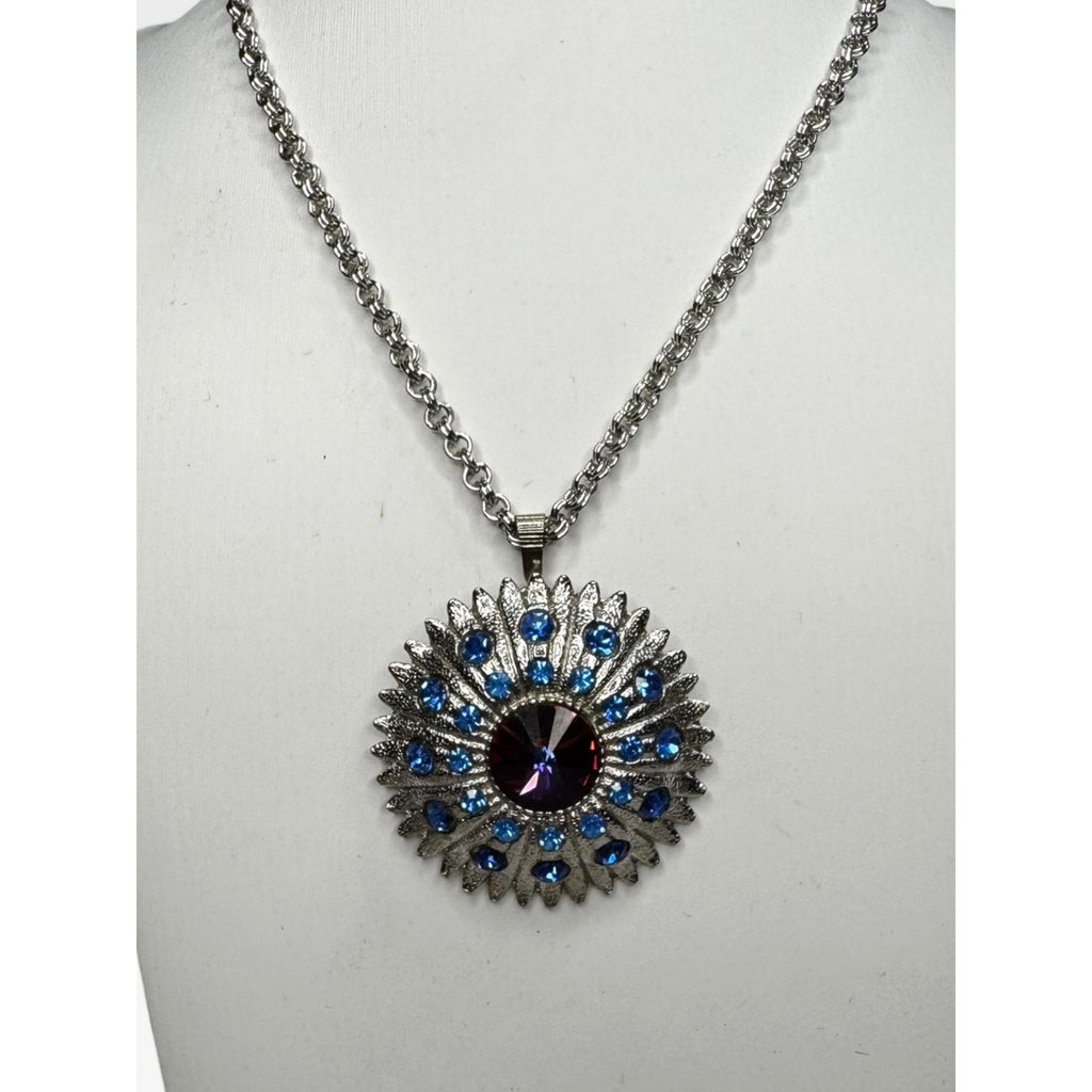 Avon Purple Blue Sunburst Pendant 30 Inch Textured Chain Necklace Vintage