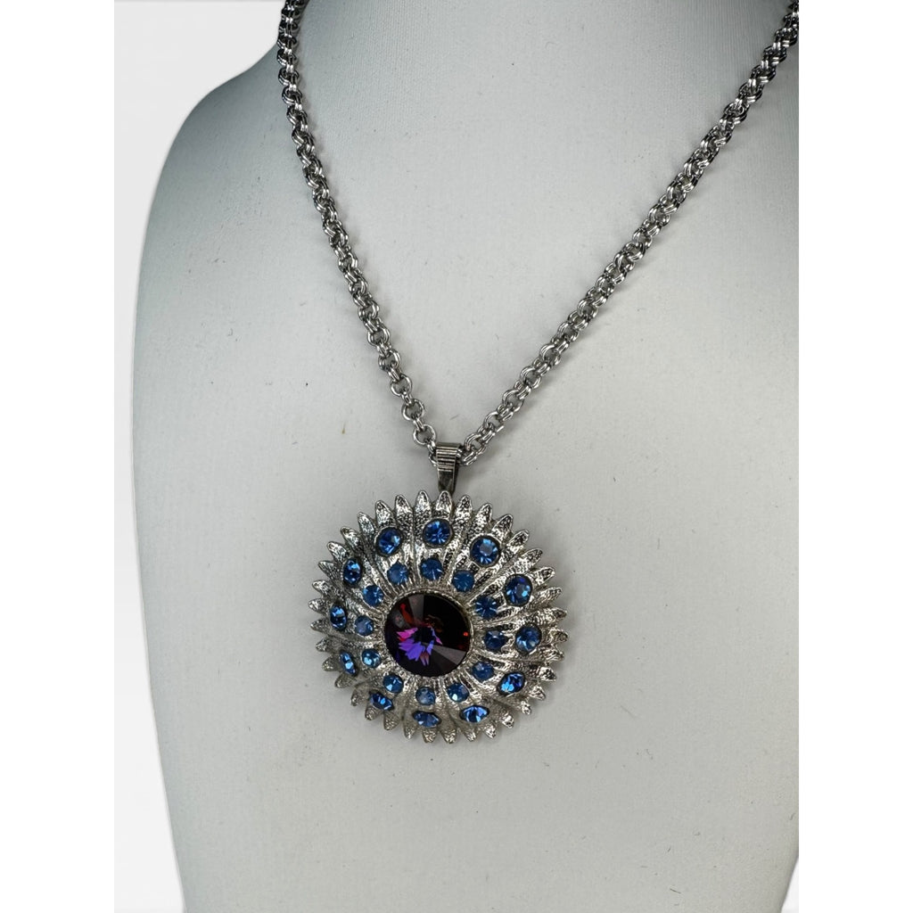 Avon Purple Blue Sunburst Pendant 30 Inch Textured Chain Necklace Vintage
