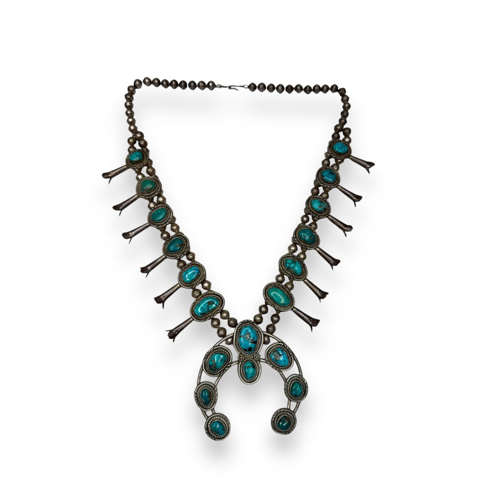 Old Pawn Navajo Sterling Turquoise Squash Blossom Necklace 26" 185g Vintage