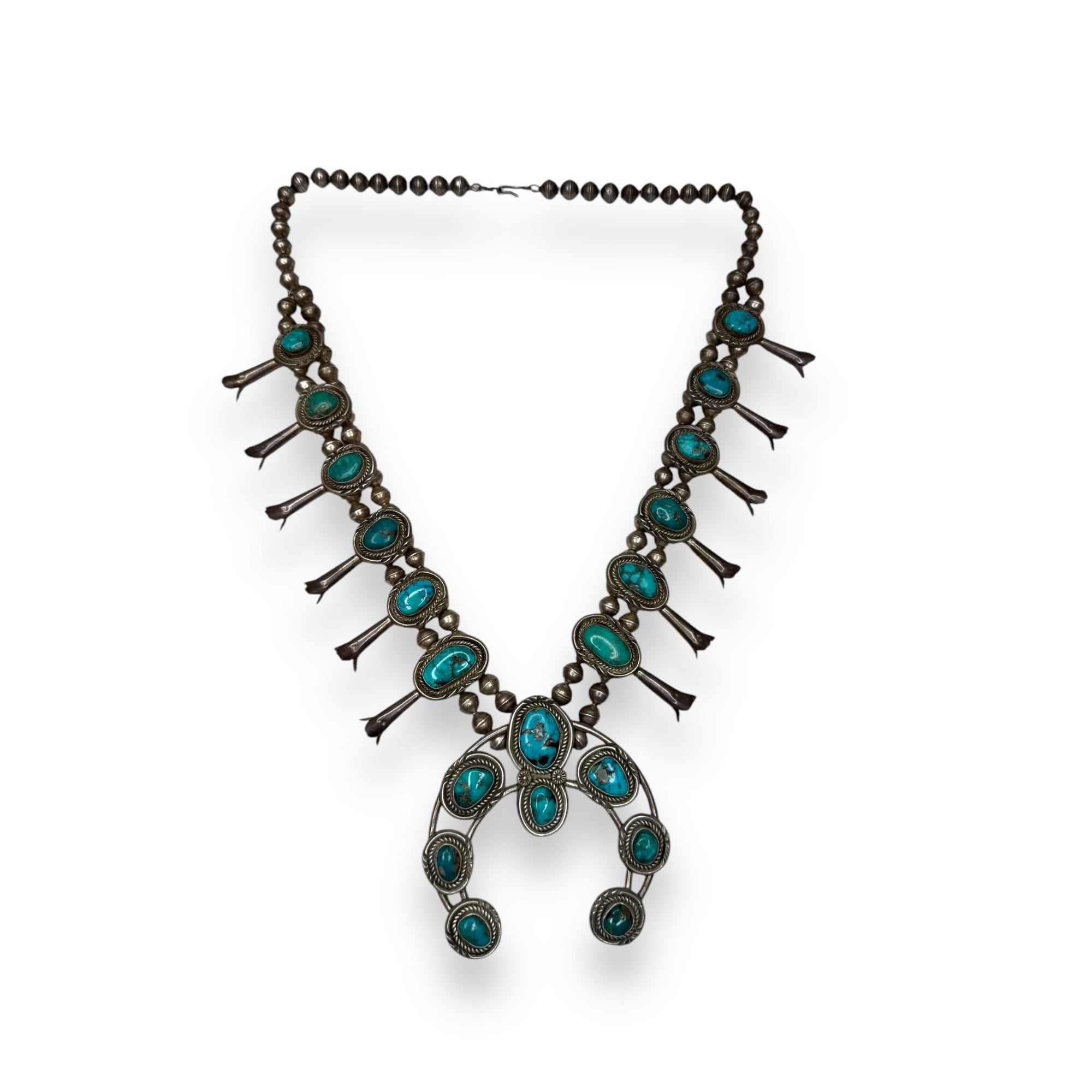 Old Pawn Navajo Sterling Turquoise Squash Blossom Necklace 26" 185g Vintage