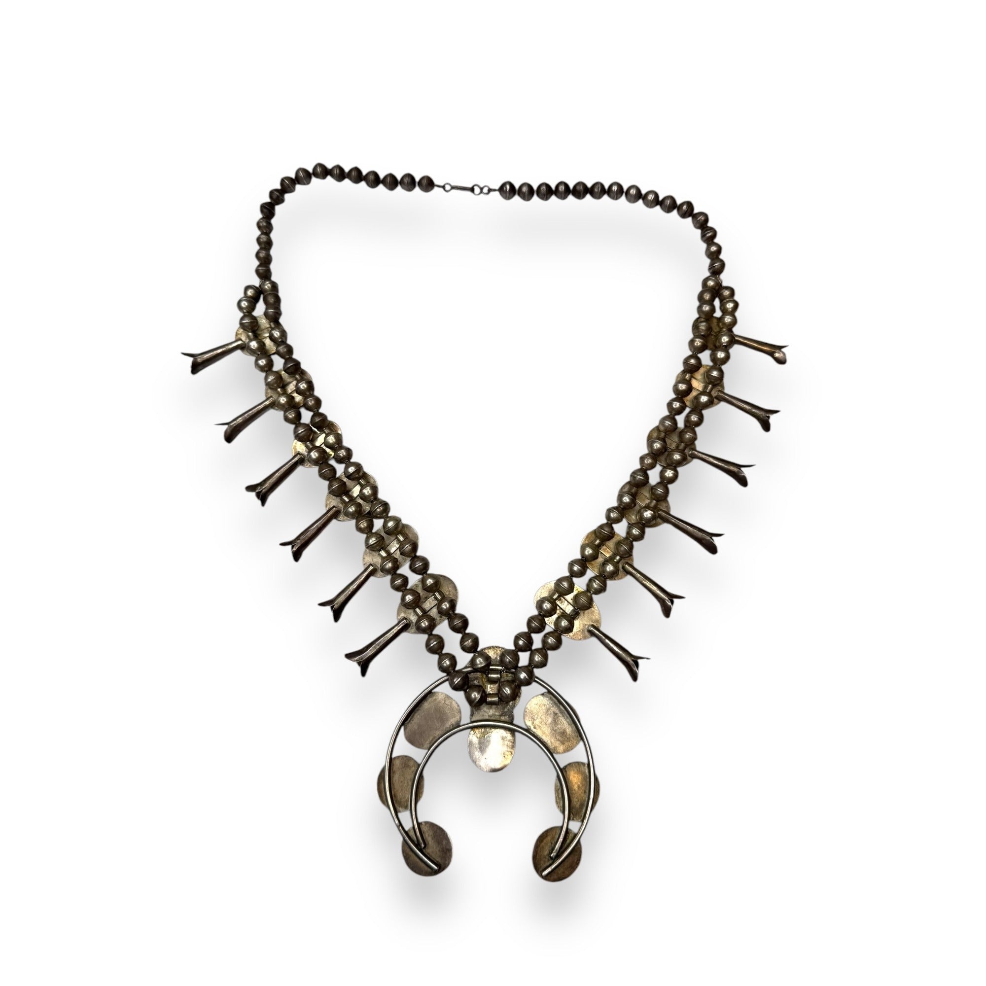 Old Pawn Navajo Sterling Turquoise Squash Blossom Necklace 26" 185g Vintage