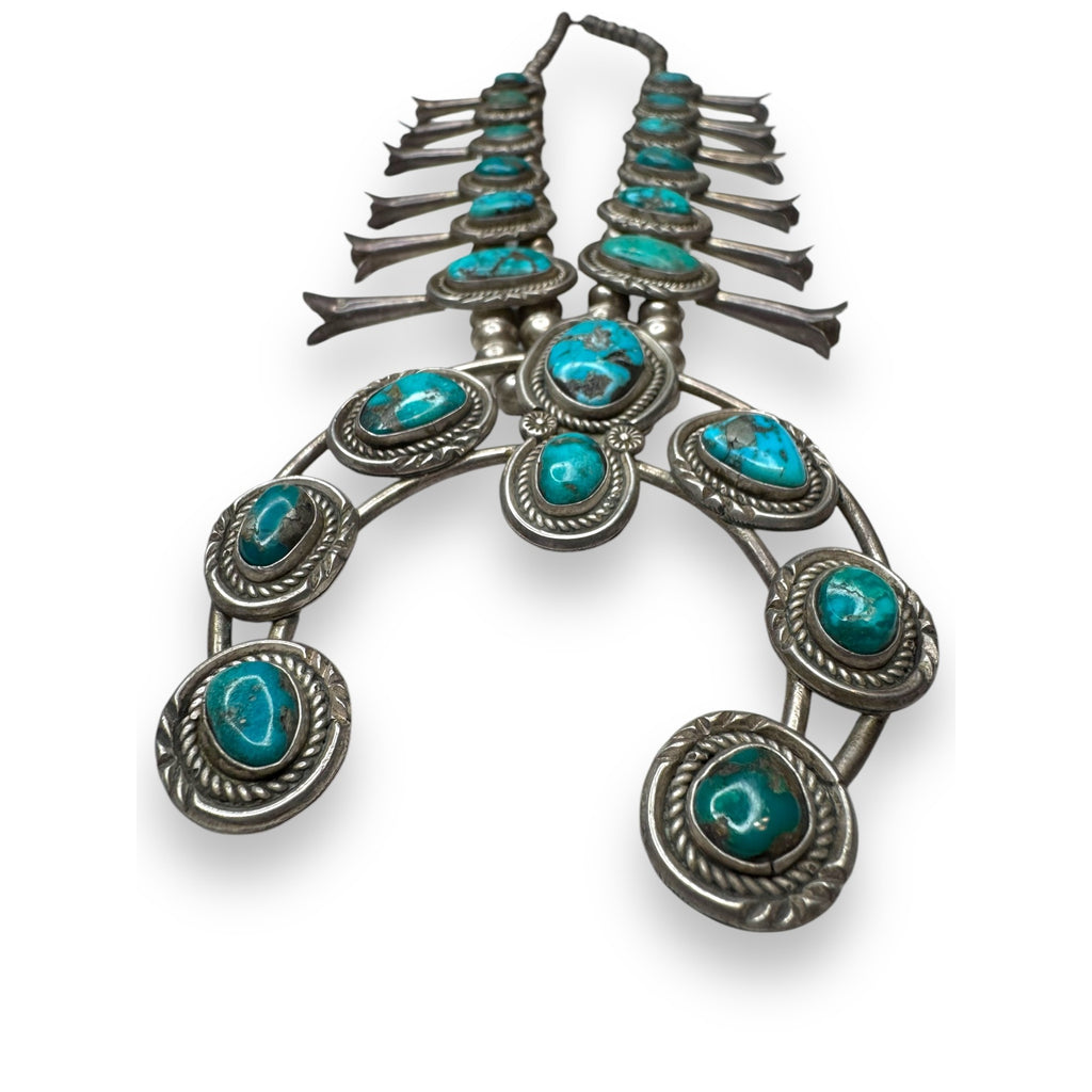 Old Pawn Navajo Sterling Turquoise Squash Blossom Necklace 26" 185g Vintage