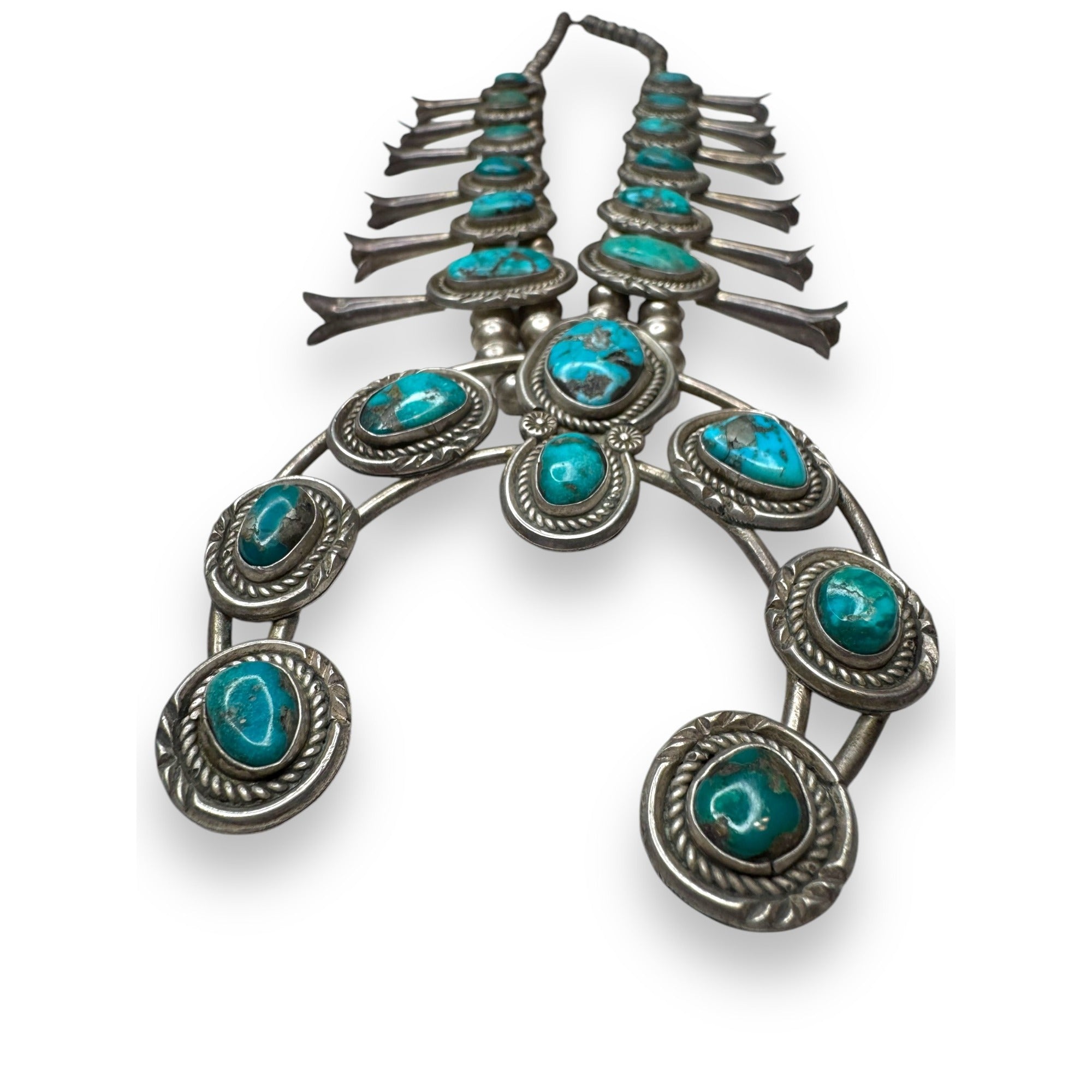 Old Pawn Navajo Sterling Turquoise Squash Blossom Necklace 26" 185g Vintage