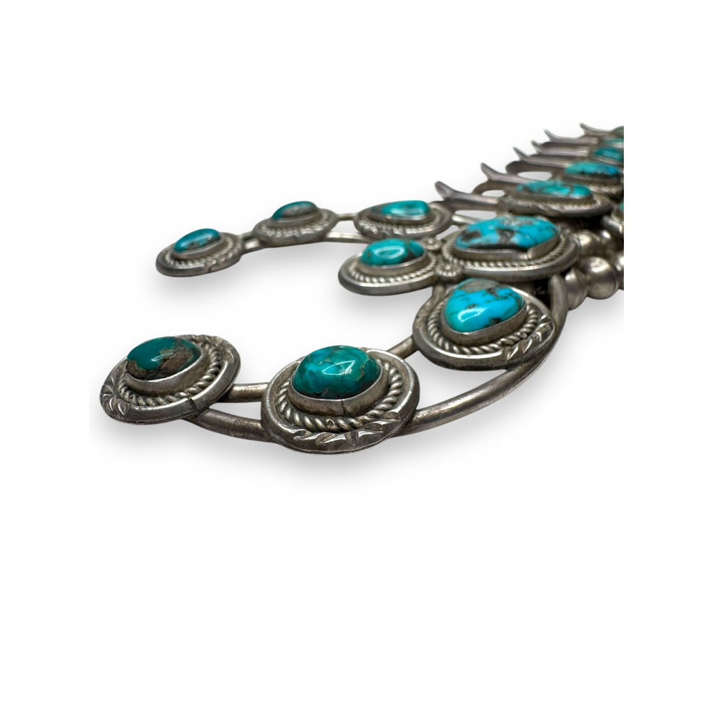 Old Pawn Navajo Sterling Turquoise Squash Blossom Necklace 26" 185g Vintage