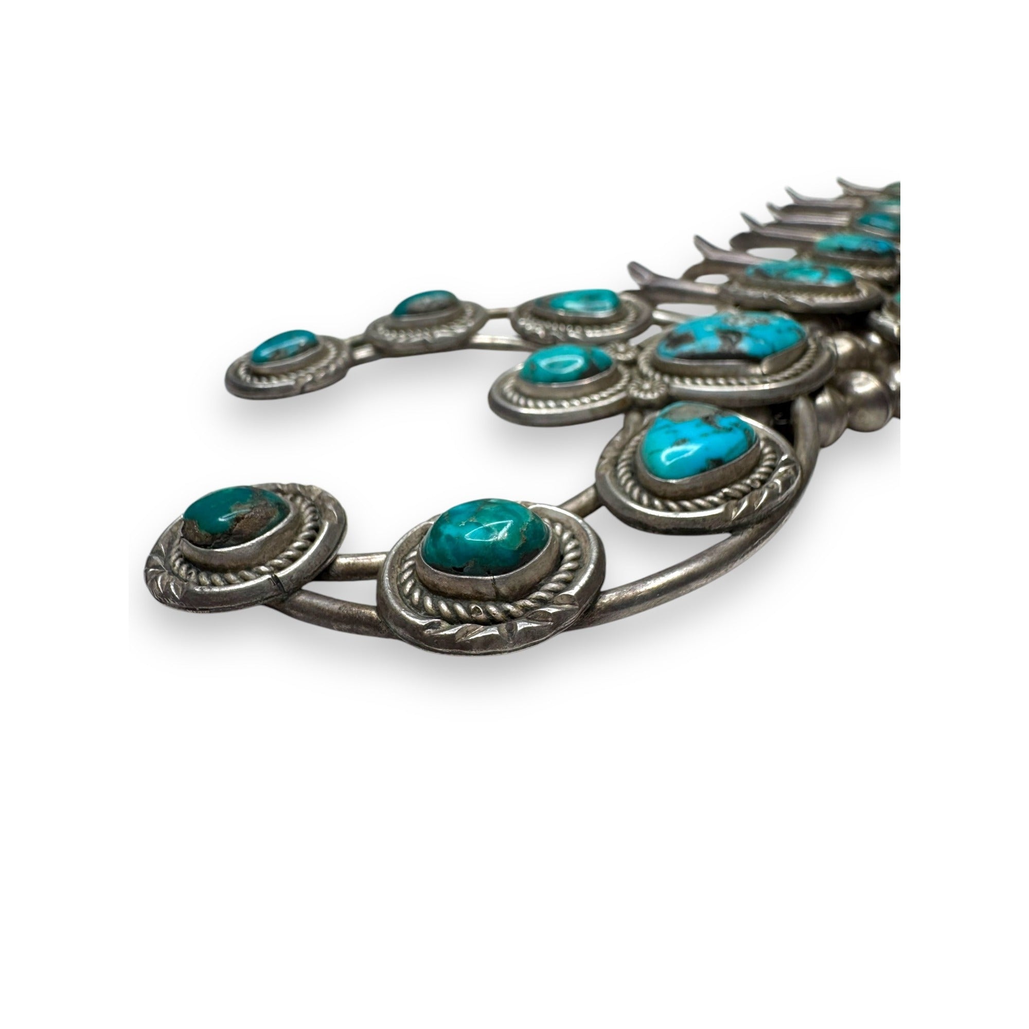 Old Pawn Navajo Sterling Turquoise Squash Blossom Necklace 26" 185g Vintage