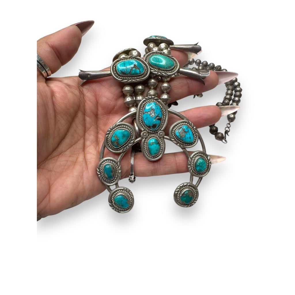 Old Pawn Navajo Sterling Turquoise Squash Blossom Necklace 26" 185g Vintage