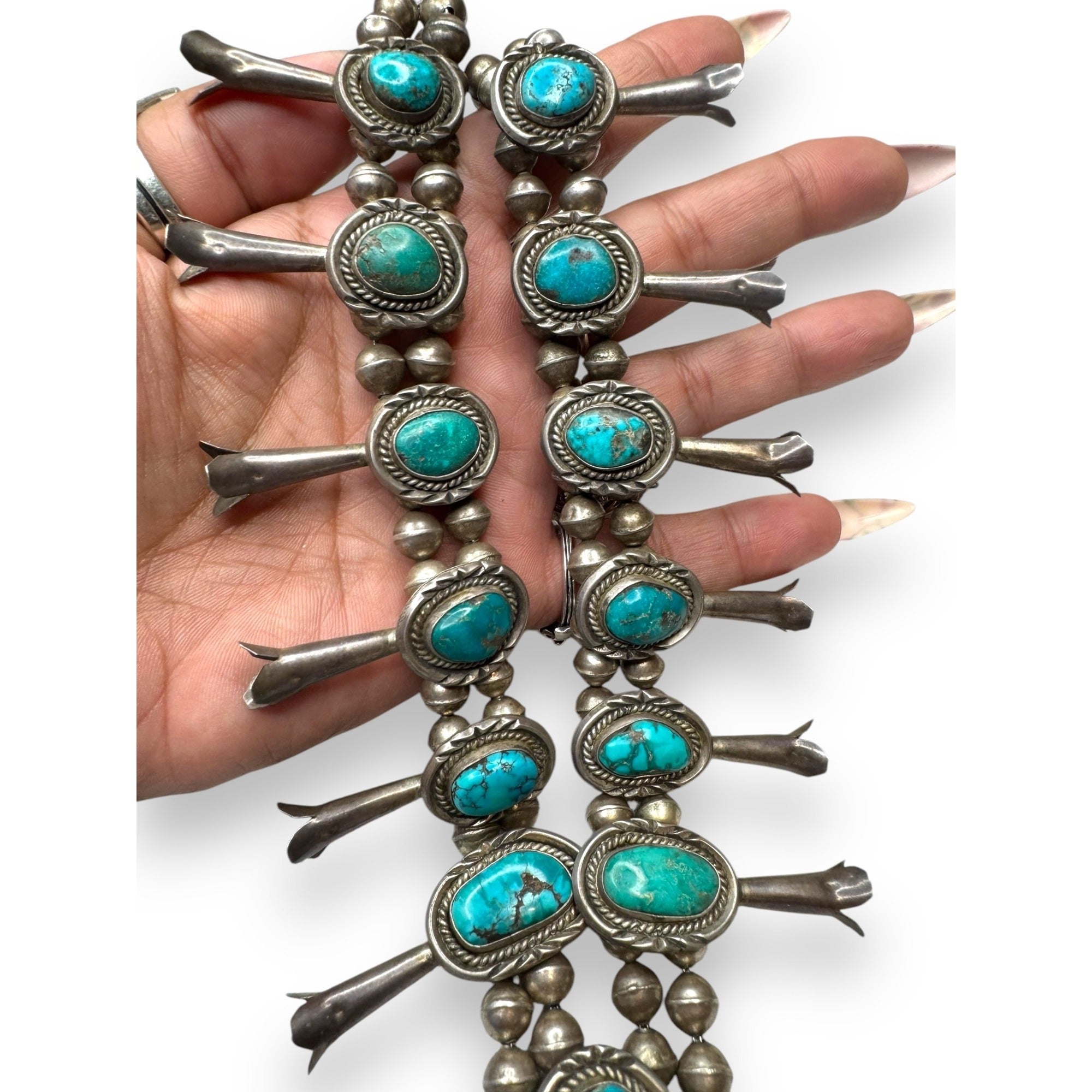 Old Pawn Navajo Sterling Turquoise Squash Blossom Necklace 26" 185g Vintage