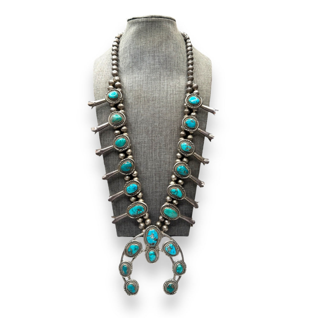 Old Pawn Navajo Sterling Turquoise Squash Blossom Necklace 26" 185g Vintage