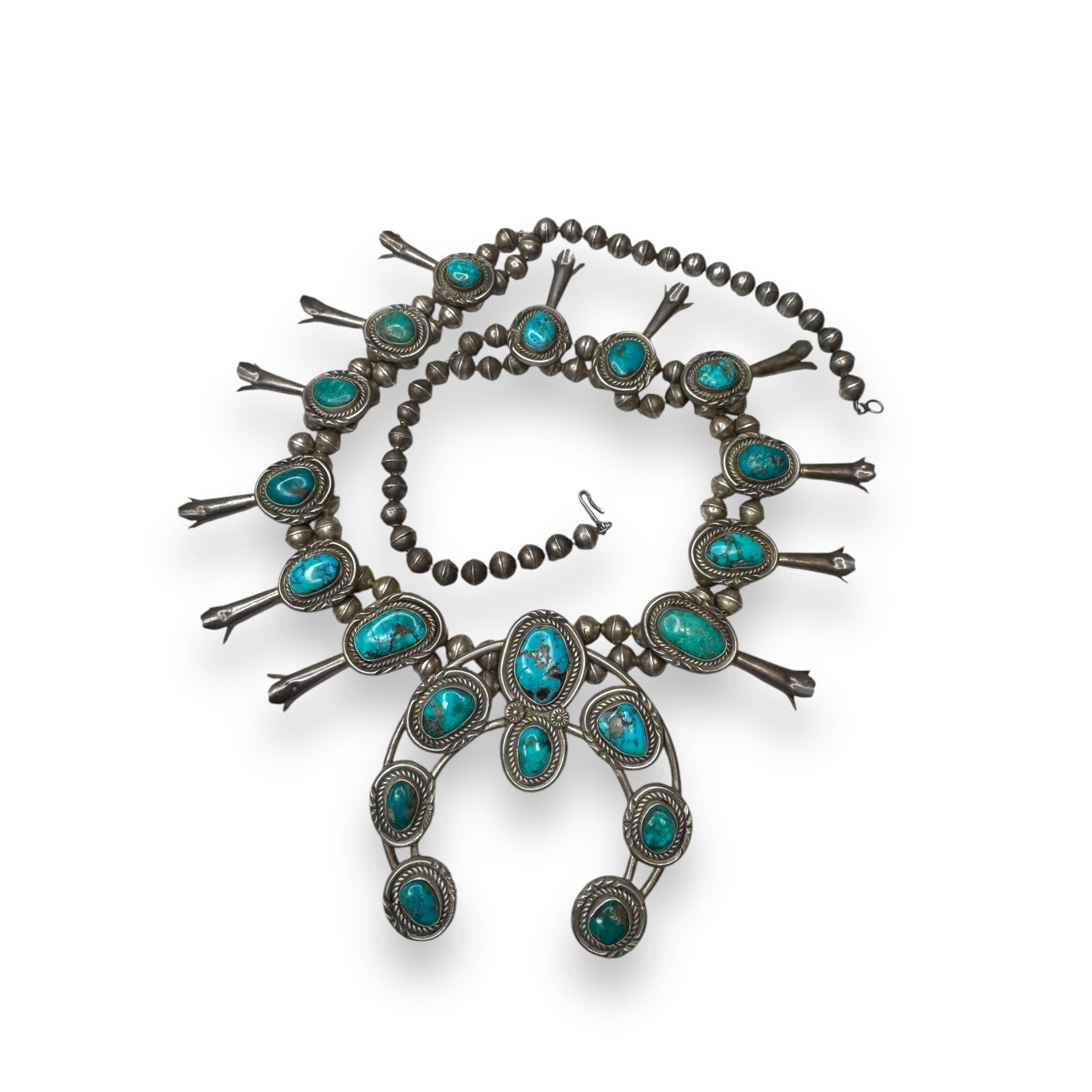 Old Pawn Navajo Sterling Turquoise Squash Blossom Necklace 26" 185g Vintage