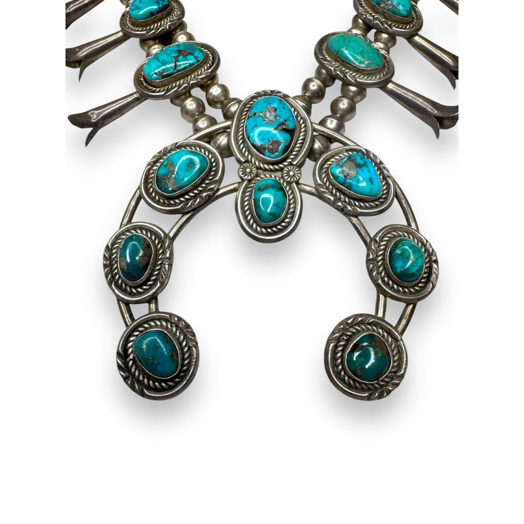 Old Pawn Navajo Sterling Turquoise Squash Blossom Necklace 26" 185g Vintage