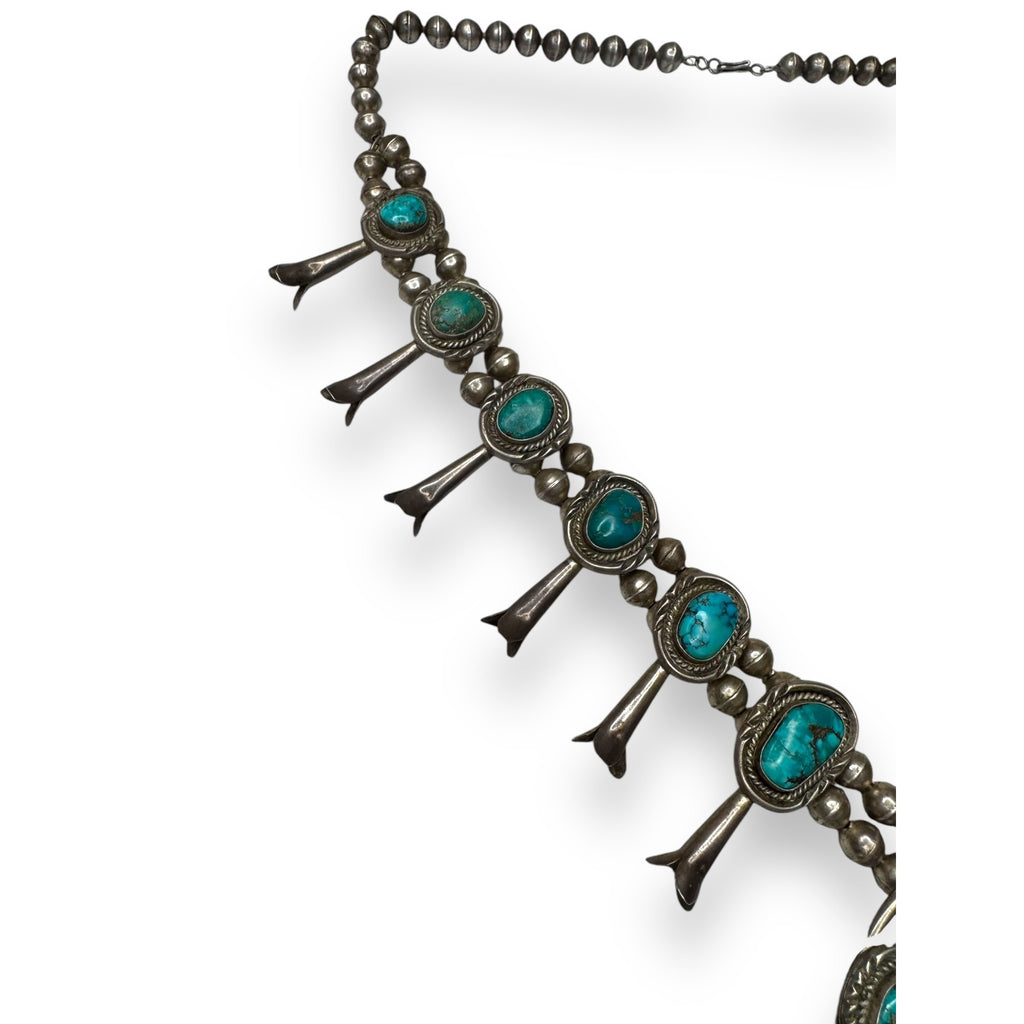 Old Pawn Navajo Sterling Turquoise Squash Blossom Necklace 26" 185g Vintage