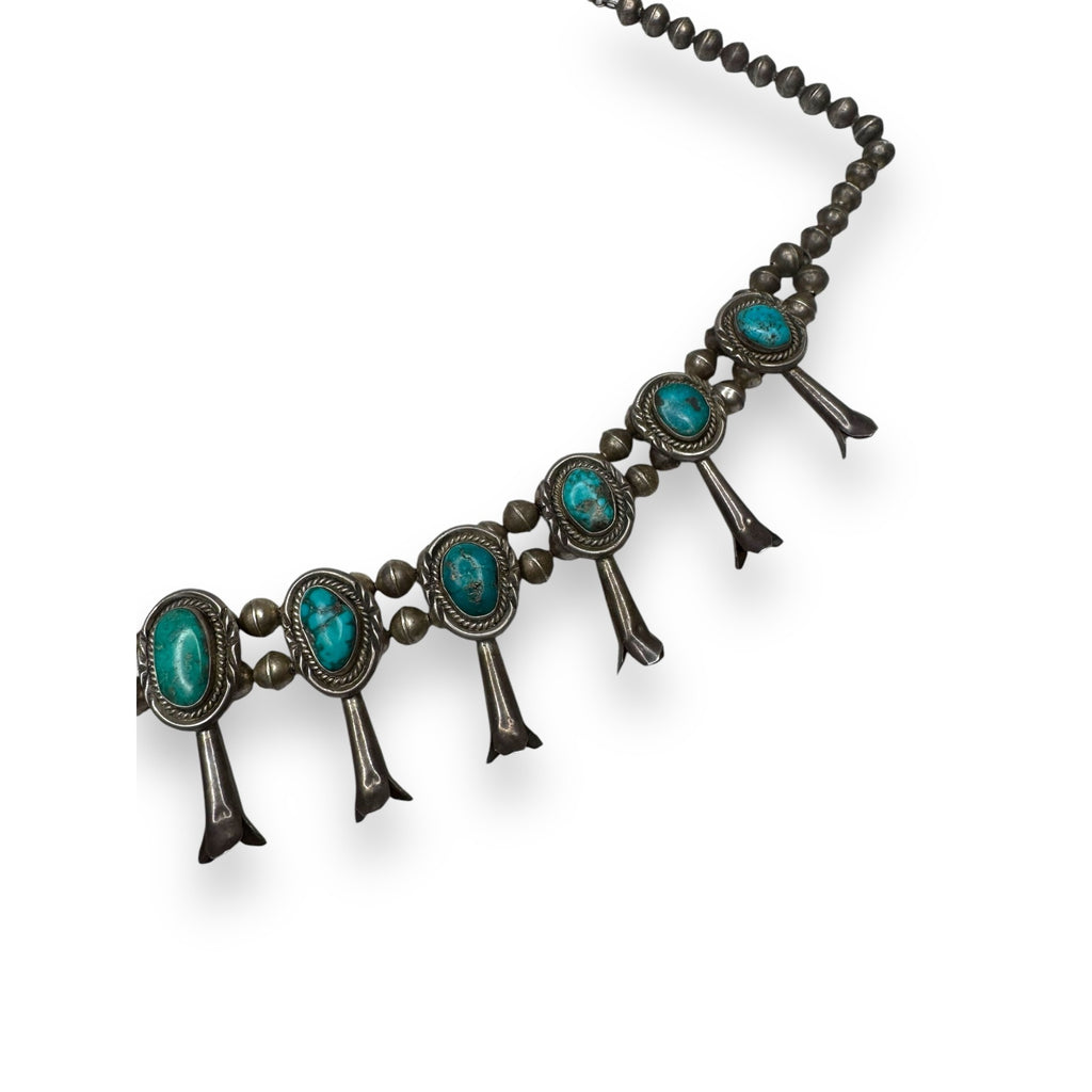 Old Pawn Navajo Sterling Turquoise Squash Blossom Necklace 26" 185g Vintage