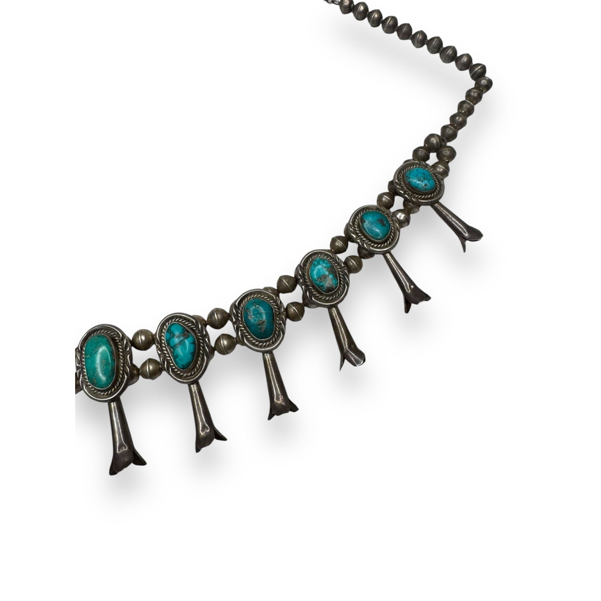 Old Pawn Navajo Sterling Turquoise Squash Blossom Necklace 26" 185g Vintage