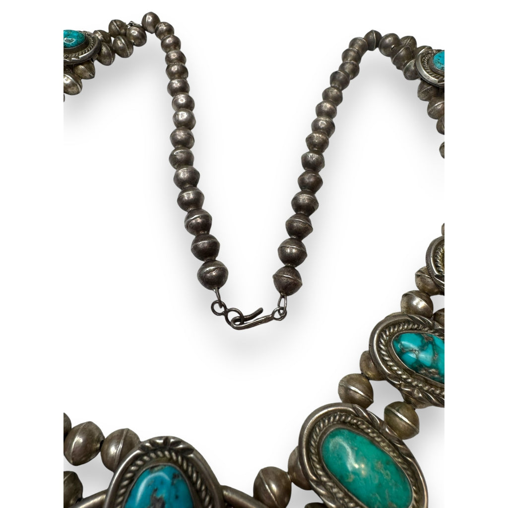 Old Pawn Navajo Sterling Turquoise Squash Blossom Necklace 26" 185g Vintage