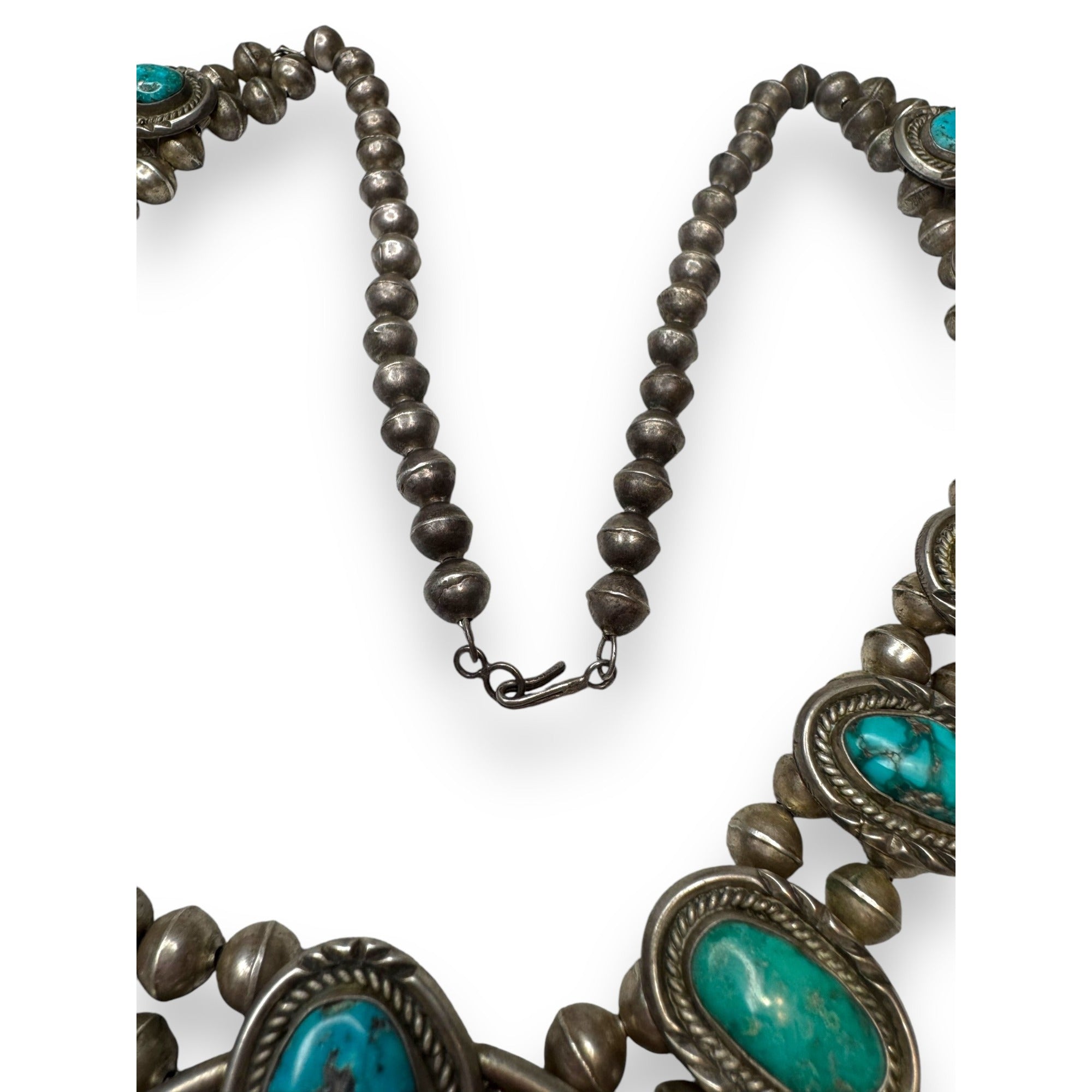 Old Pawn Navajo Sterling Turquoise Squash Blossom Necklace 26" 185g Vintage